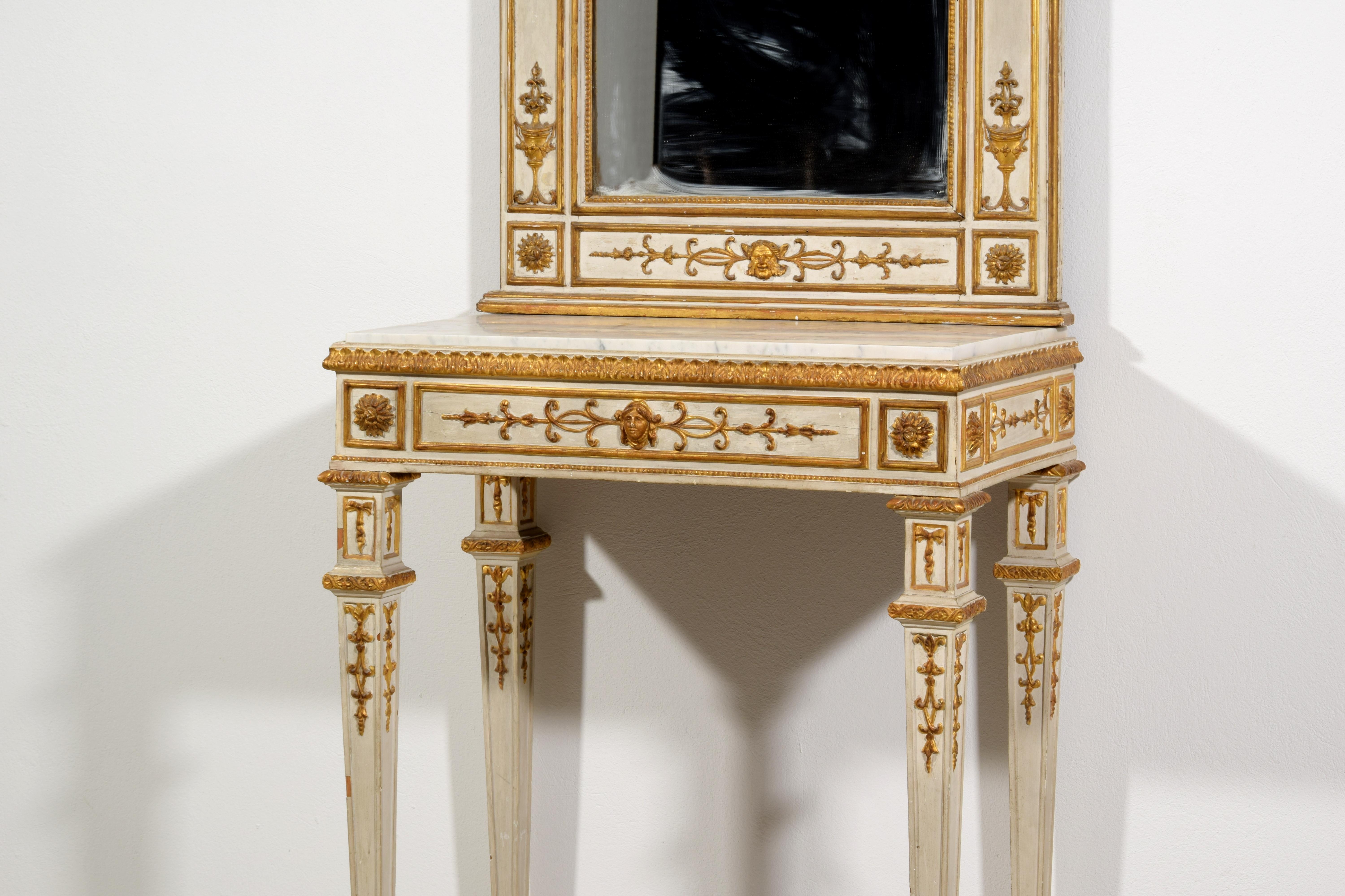 19th Century, Italian Neoclassical Lacquered and Gilt Wood Console with Mirror For Sale 12