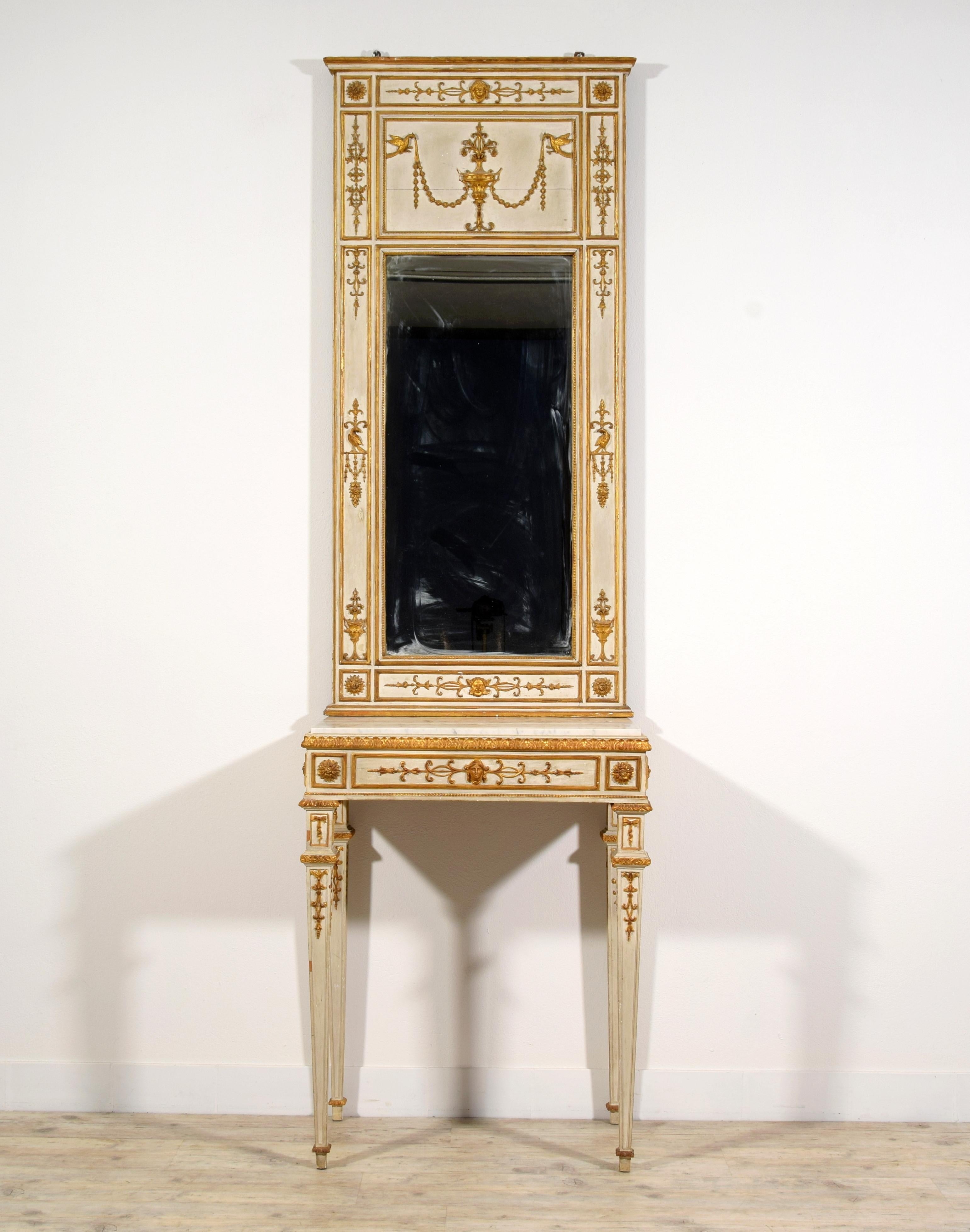 19th Century, Italian Neoclassical Lacquered and Gilt Wood Console with Mirror 

Overall Dimensions: cm W 75 x H 259 x D 47  
Console Dimensions: cm W 75 x D 47 x H 95.5 (clear height under the apron 73 cm); marble top W 70.5 x D 44 (marble depth
