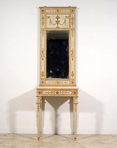 19. Jahrhundert, Italienische neoklassizistische Konsole aus lackiertem und vergoldetem Holz mit Spiegel