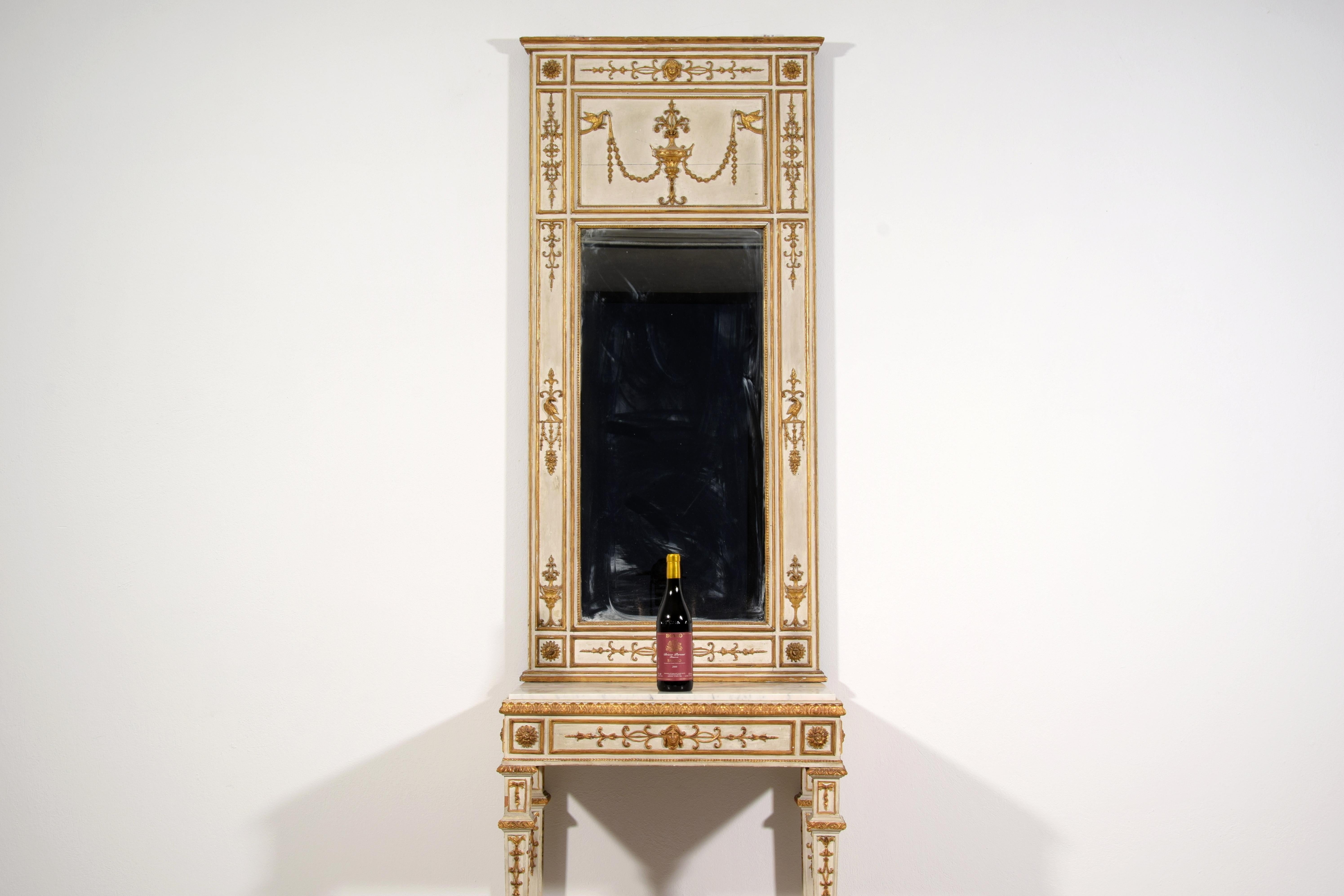Marble 19th Century, Italian Neoclassical Lacquered and Gilt Wood Console with Mirror For Sale