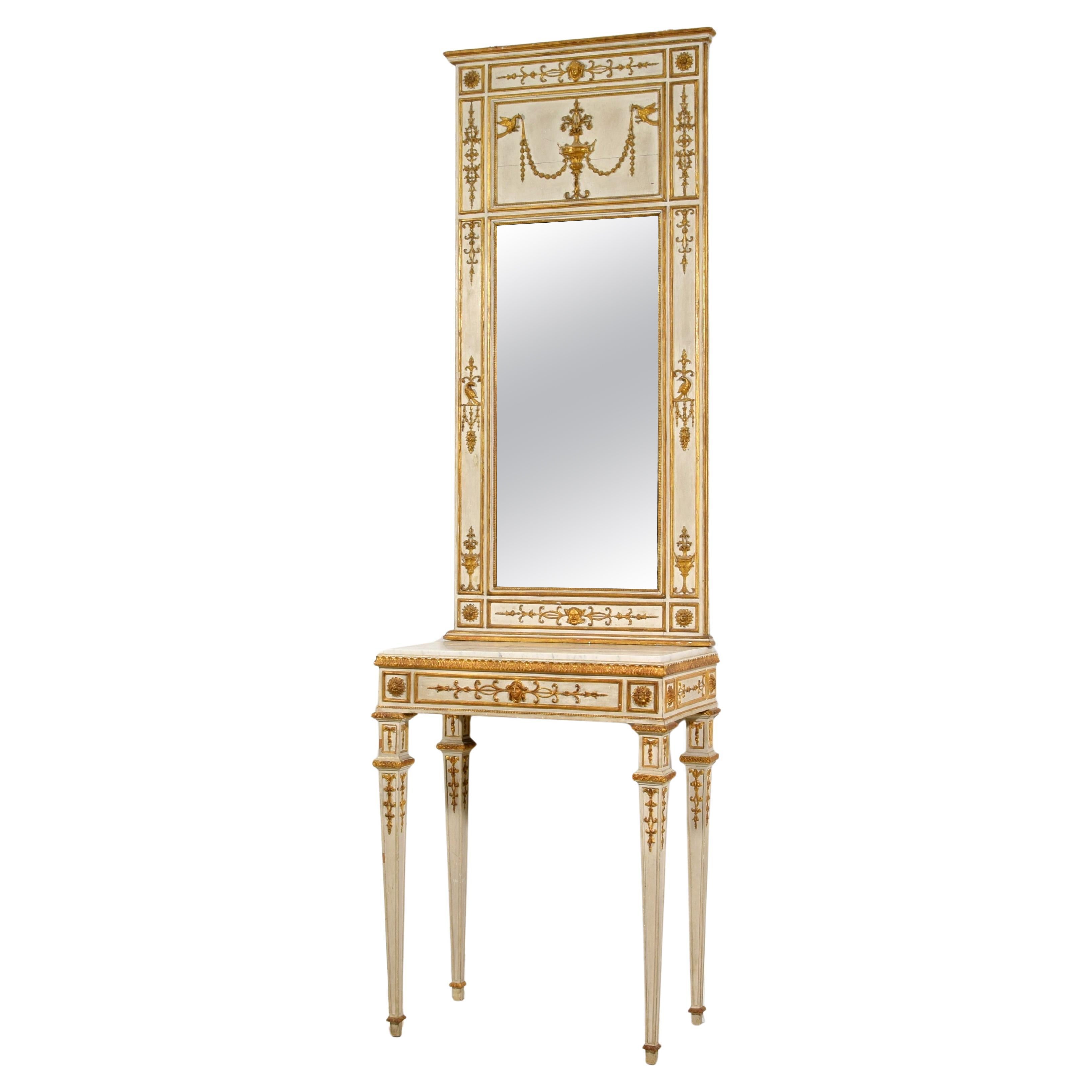 Console néoclassique italienne du 19ème siècle en bois laqué et doré avec miroir