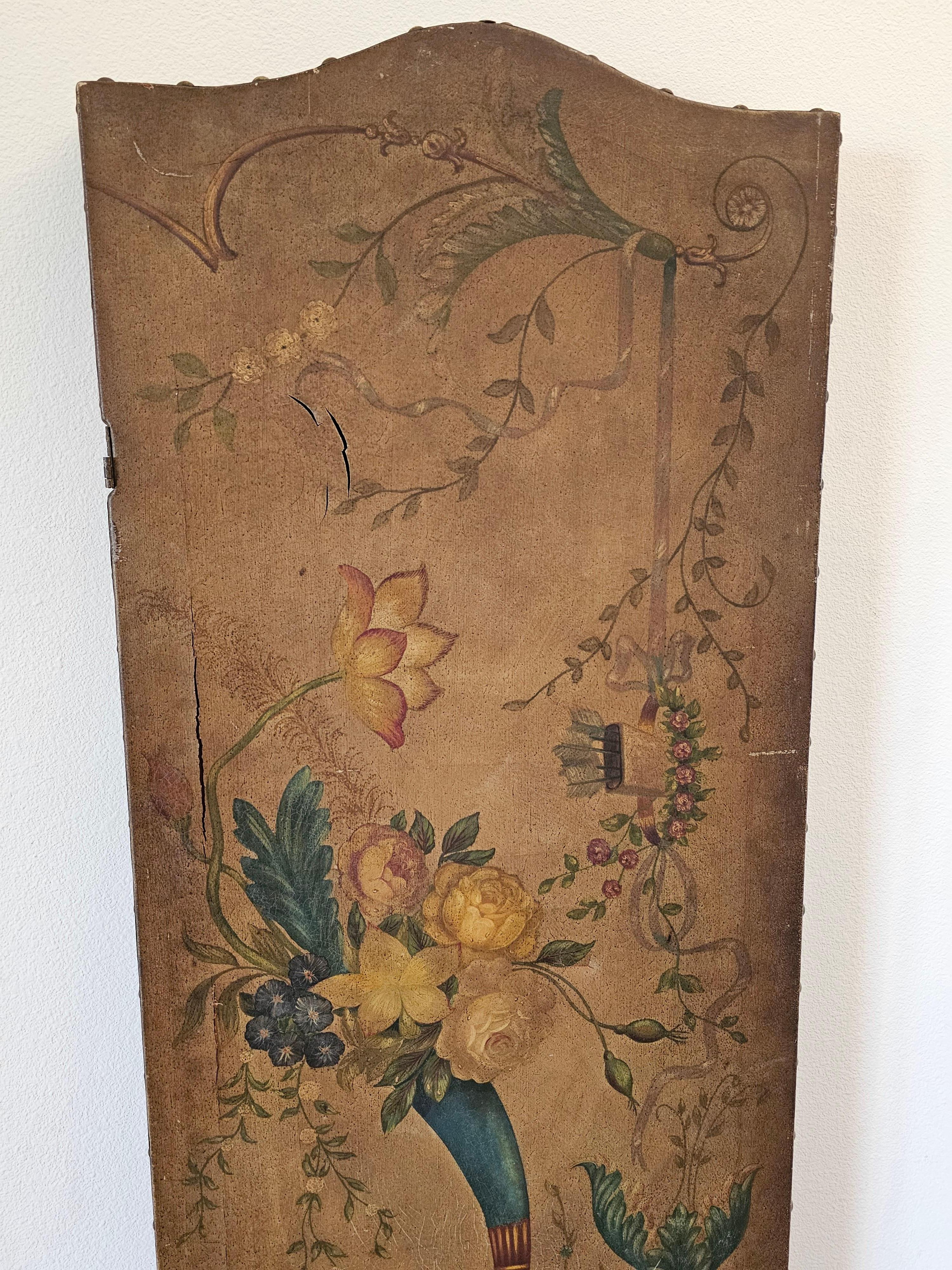 19th Century Italian Neoclassical Oil on Leather Three Panel Room Divider For Sale 5