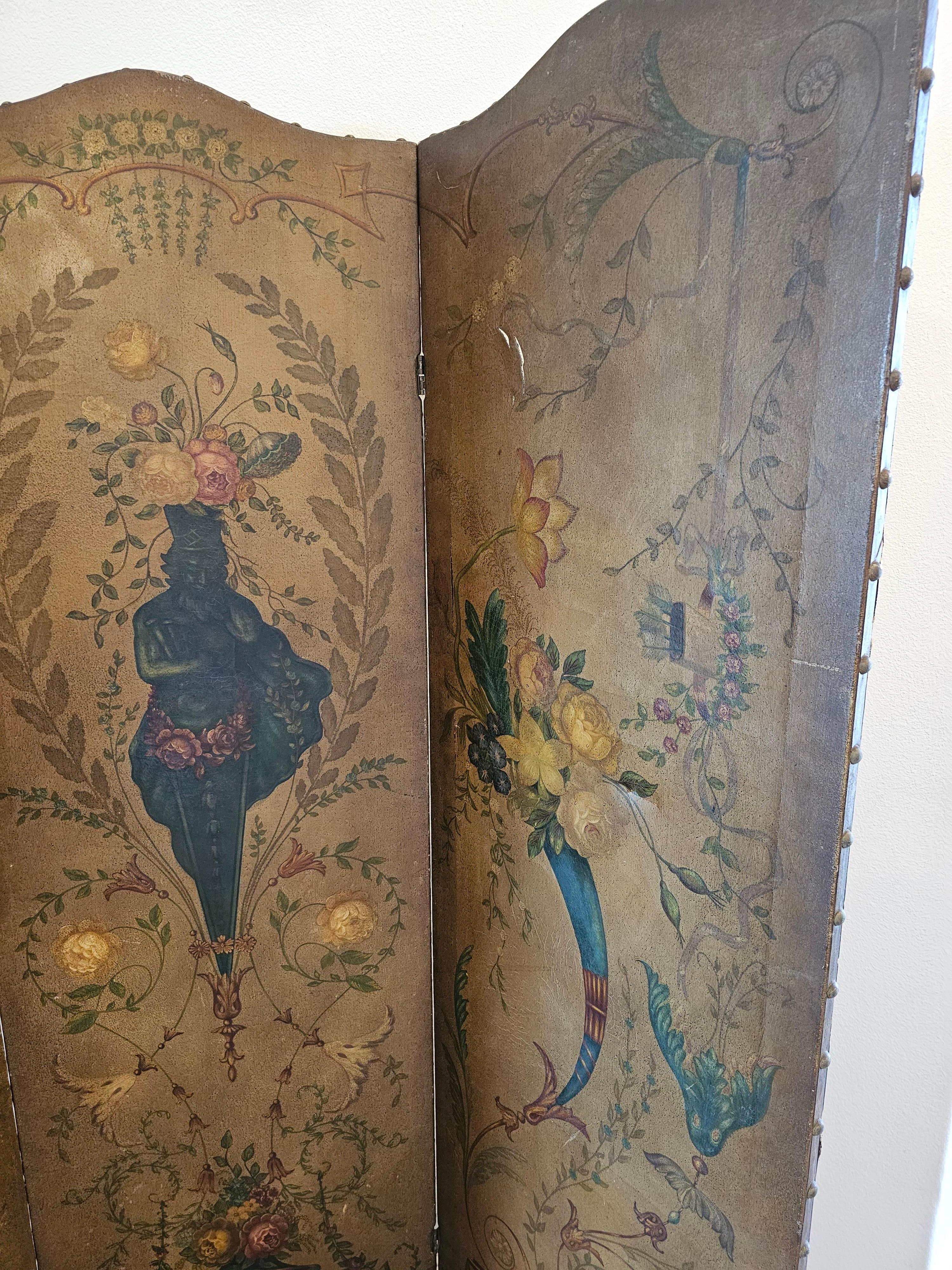 Italienischer neoklassizistischer Raumteiler aus dem 19. Jahrhundert, Öl auf Leder mit drei Tafeln im Angebot 8
