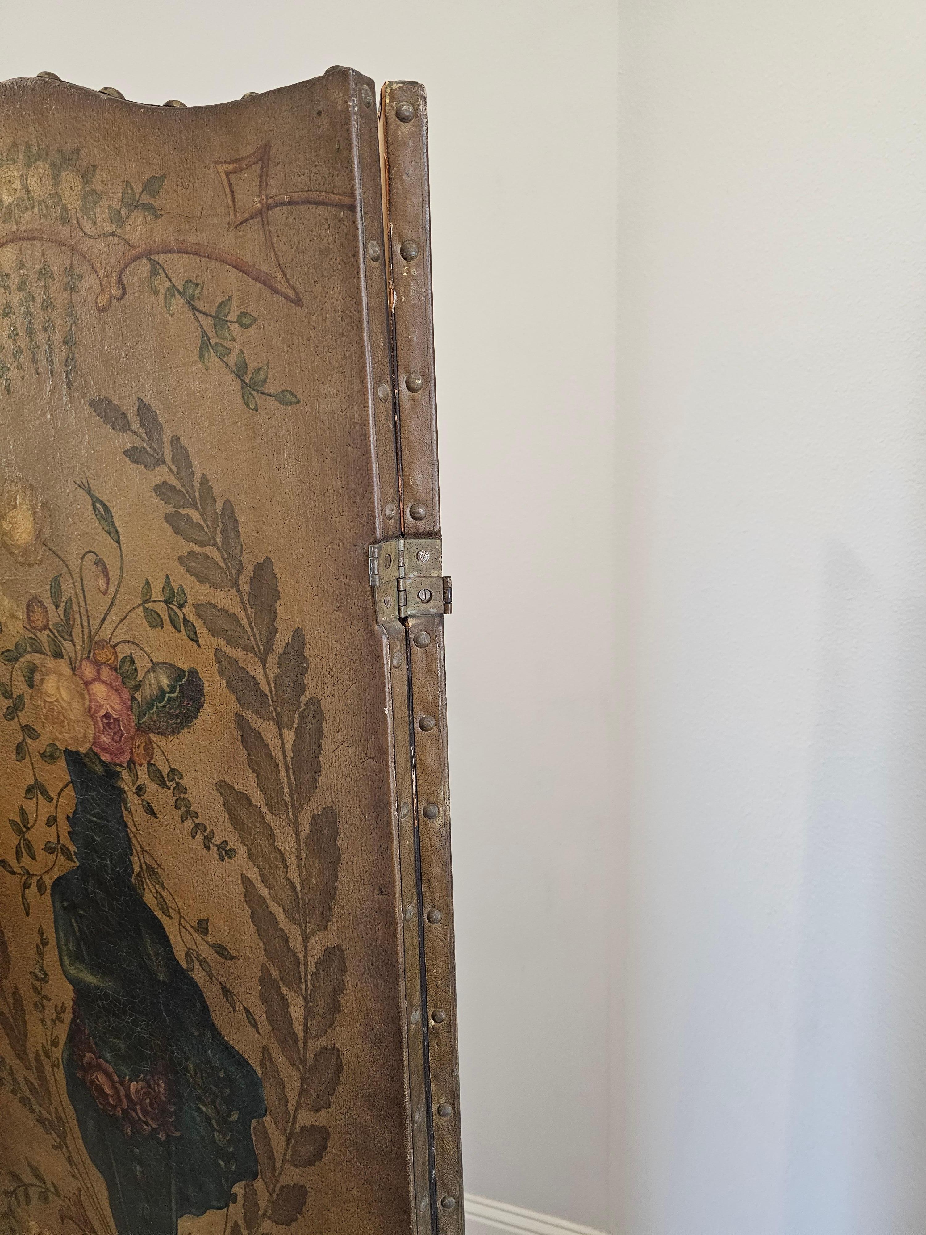 19th Century Italian Neoclassical Oil on Leather Three Panel Room Divider For Sale 9