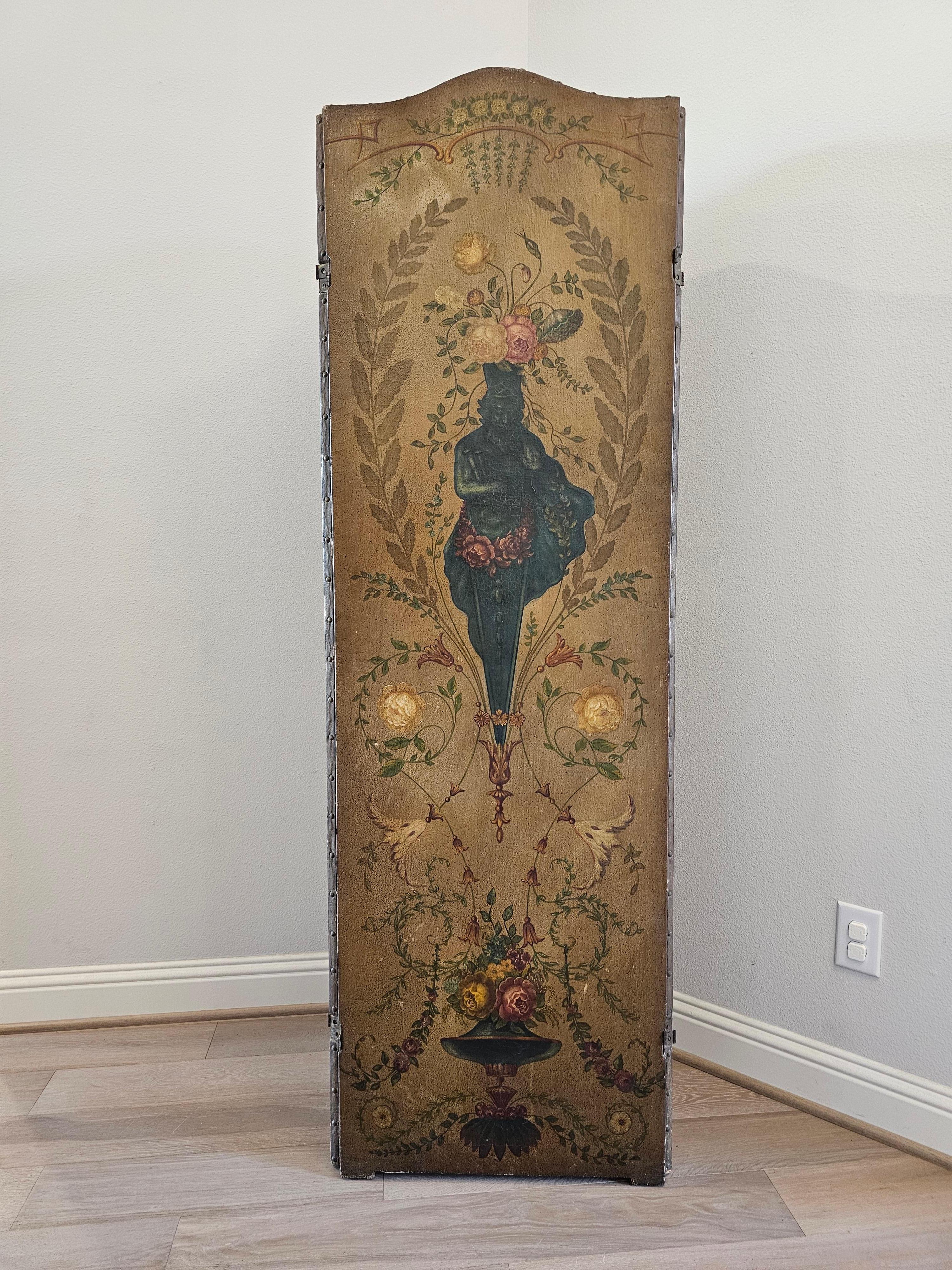19th Century Italian Neoclassical Oil on Leather Three Panel Room Divider For Sale 12