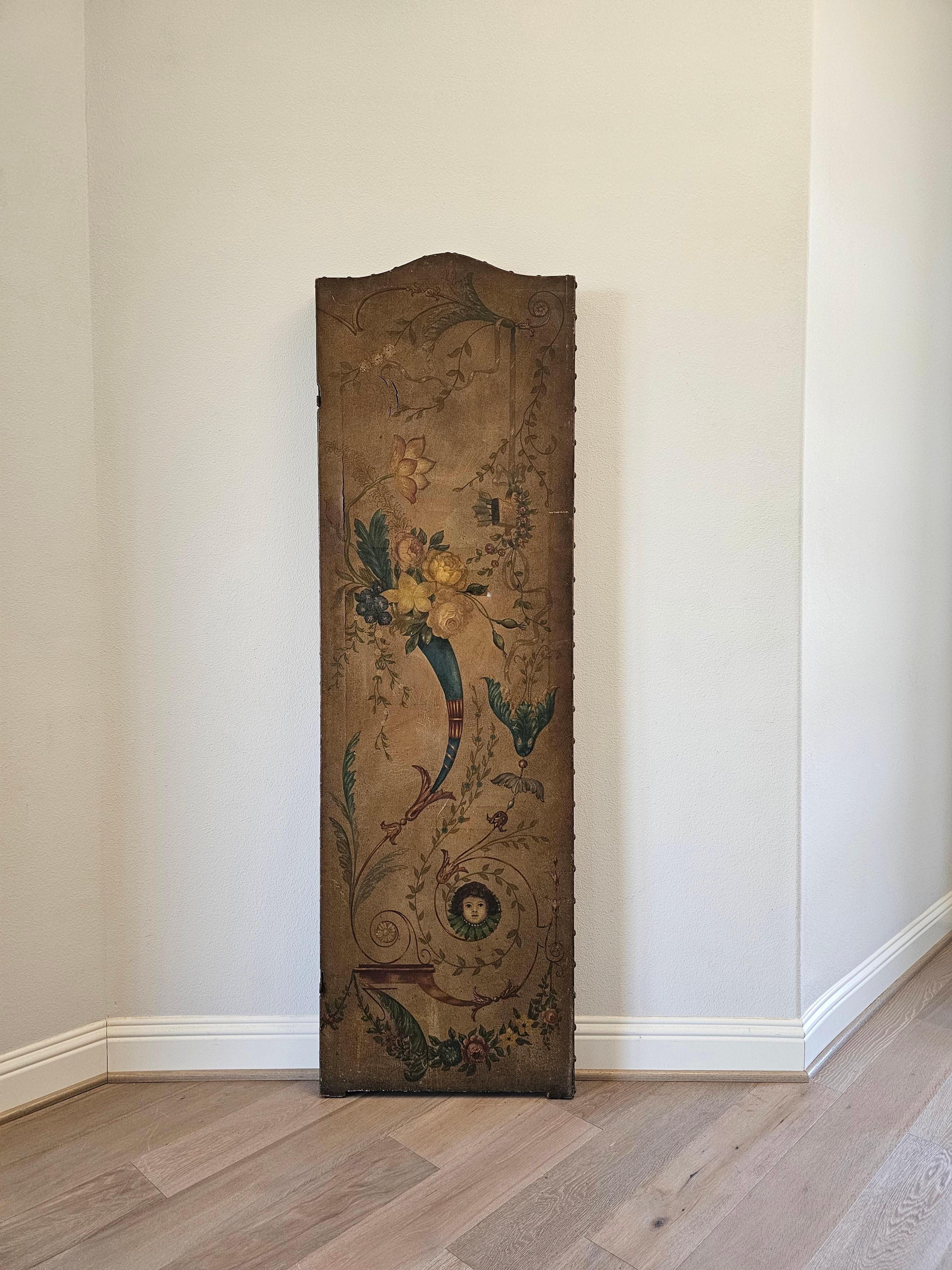 19th Century Italian Neoclassical Oil on Leather Three Panel Room Divider For Sale 13