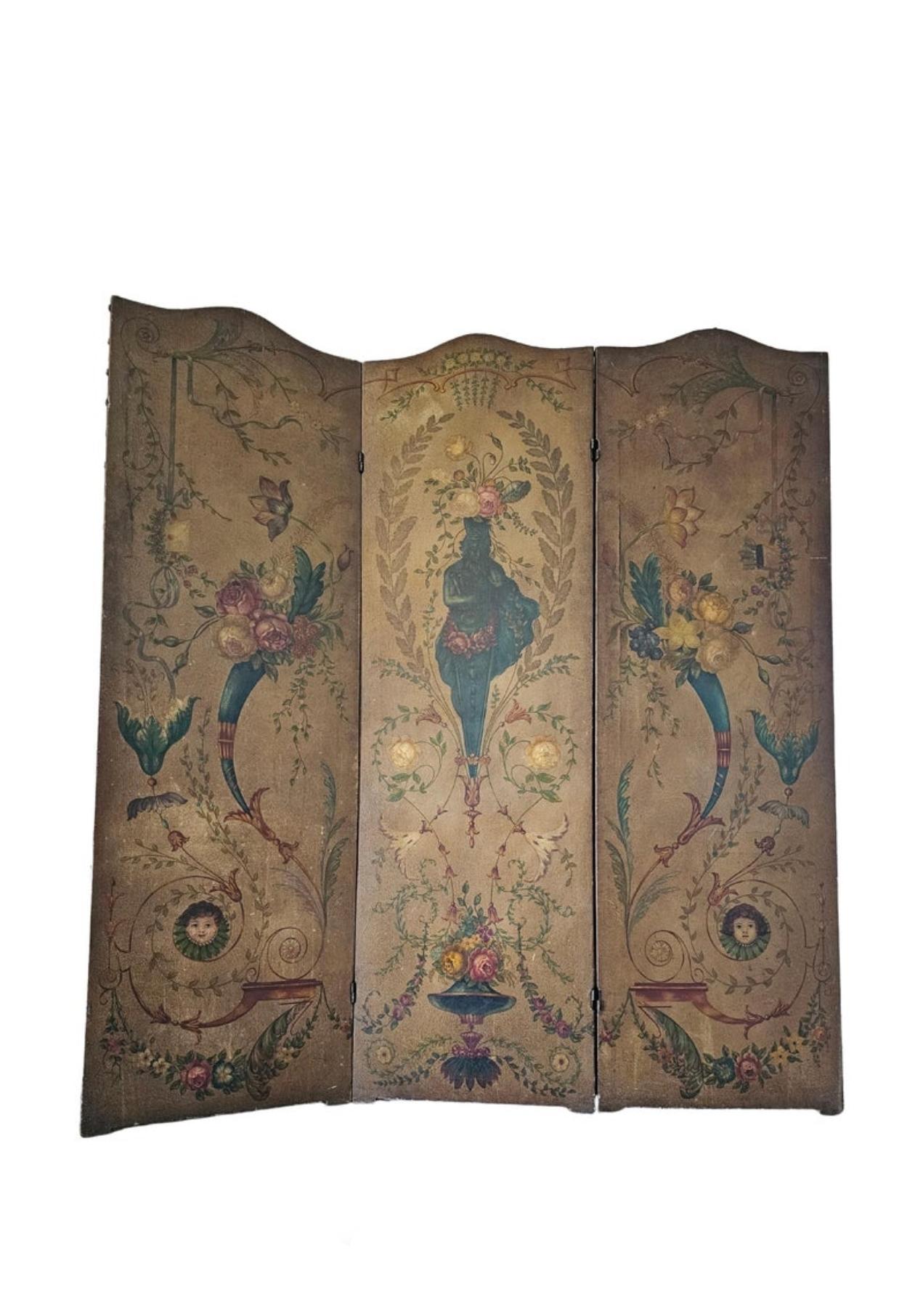 A lovely 19th century Italian neoclassical oil on leather folding screen room divider. 

Born in Italy, circa 1860, featuring patinated brass hinged three panel wooden frame wrapped in leather canvas hand painted with fantastical classical design