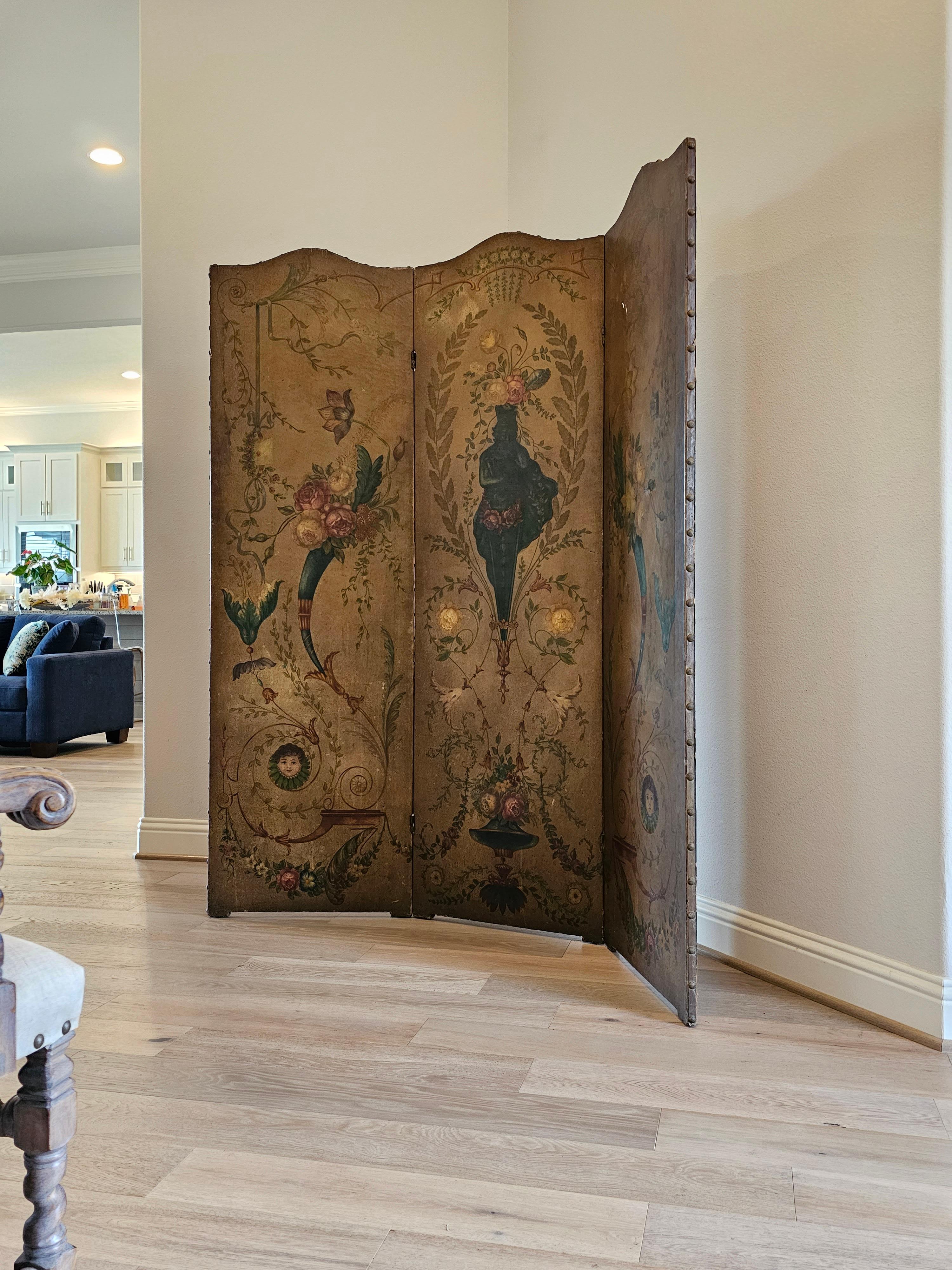 19th Century Italian Neoclassical Oil on Leather Three Panel Room Divider For Sale 15