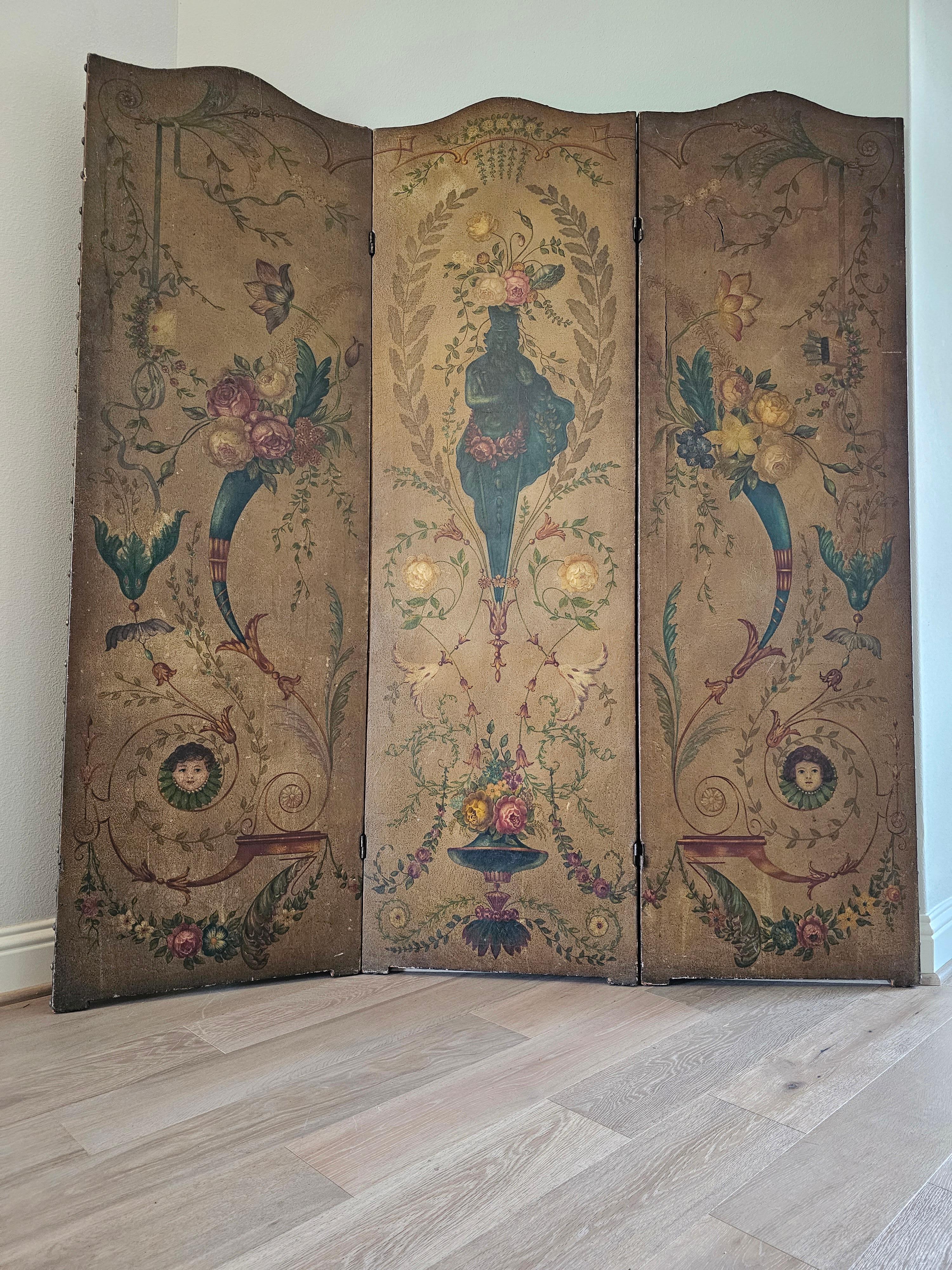 Neoclassical Revival 19th Century Italian Neoclassical Oil on Leather Three Panel Room Divider For Sale