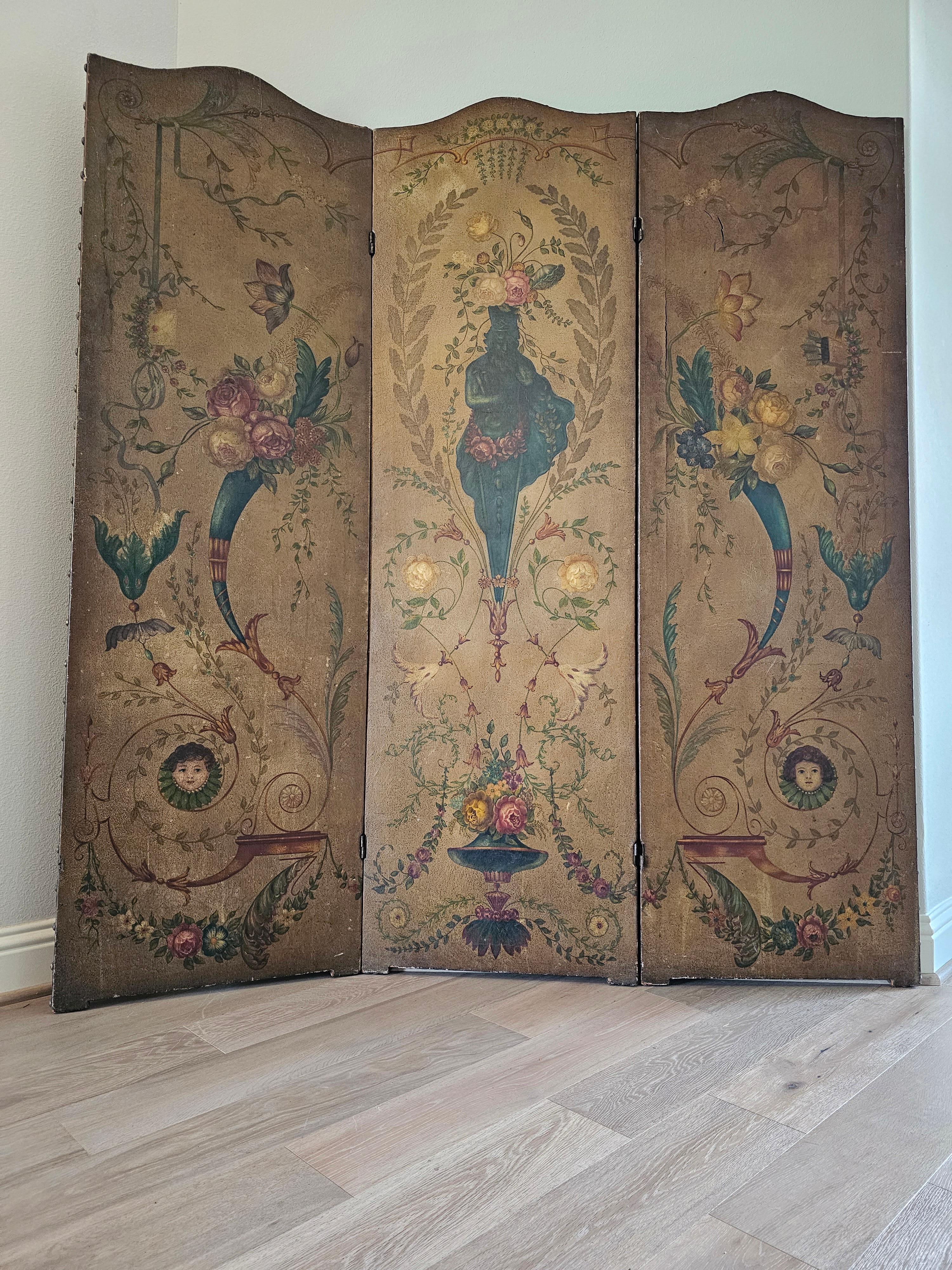 Neoclassical Revival 19th Century Italian Neoclassical Oil on Leather Three Panel Room Divider For Sale