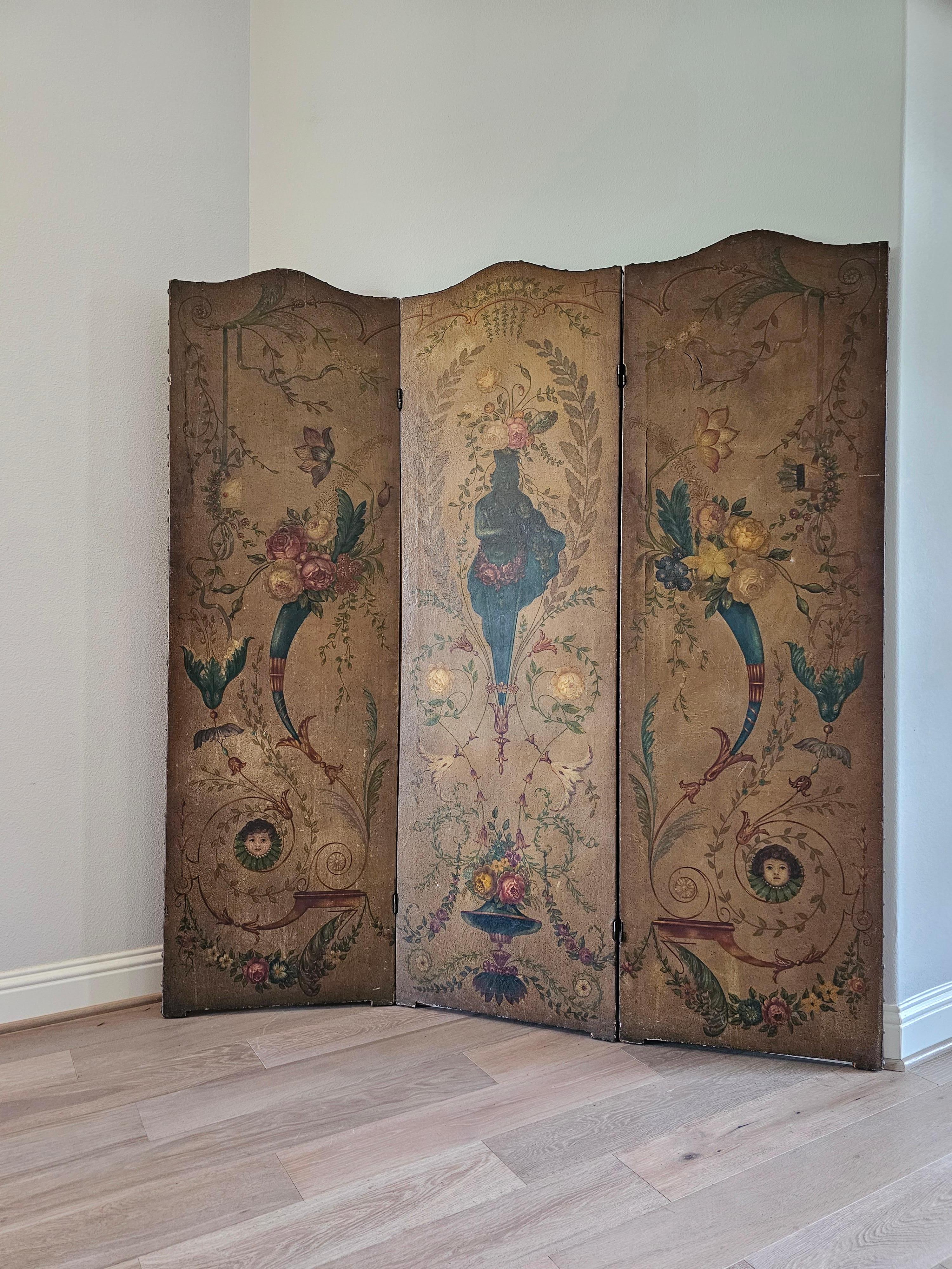 Hand-Painted 19th Century Italian Neoclassical Oil on Leather Three Panel Room Divider For Sale