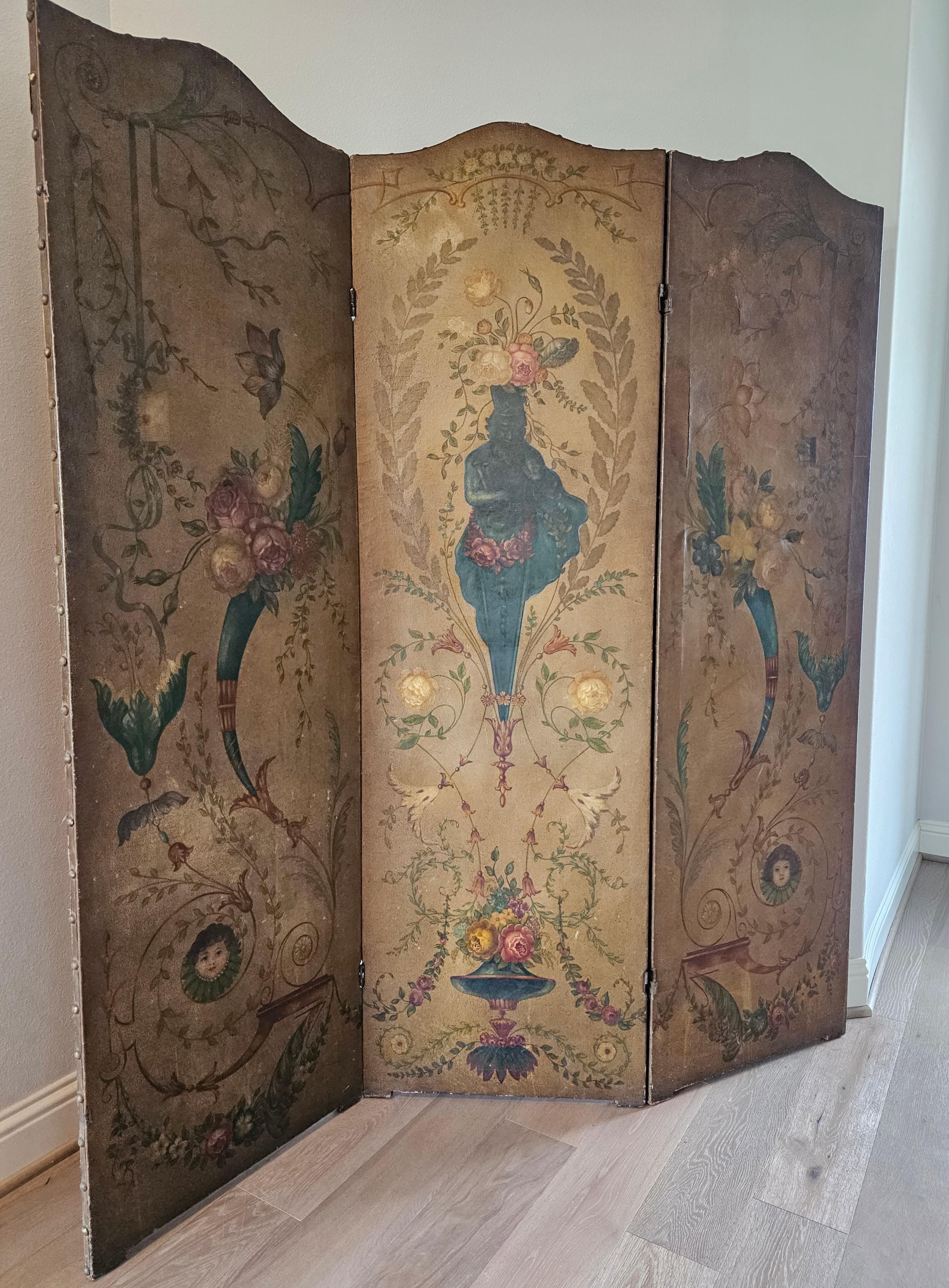 Italienischer neoklassizistischer Raumteiler aus dem 19. Jahrhundert, Öl auf Leder mit drei Tafeln im Zustand „Starke Gebrauchsspuren“ im Angebot in Forney, TX