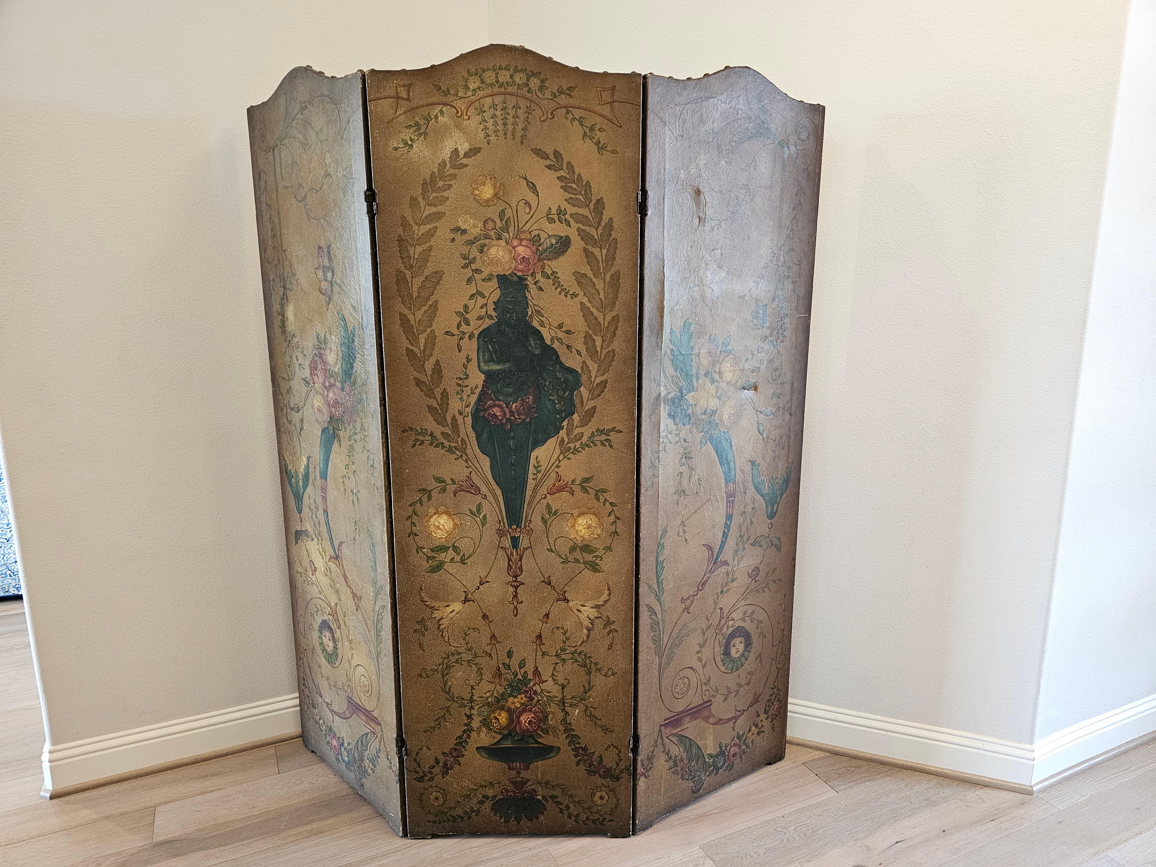 19th Century Italian Neoclassical Oil on Leather Three Panel Room Divider For Sale 1