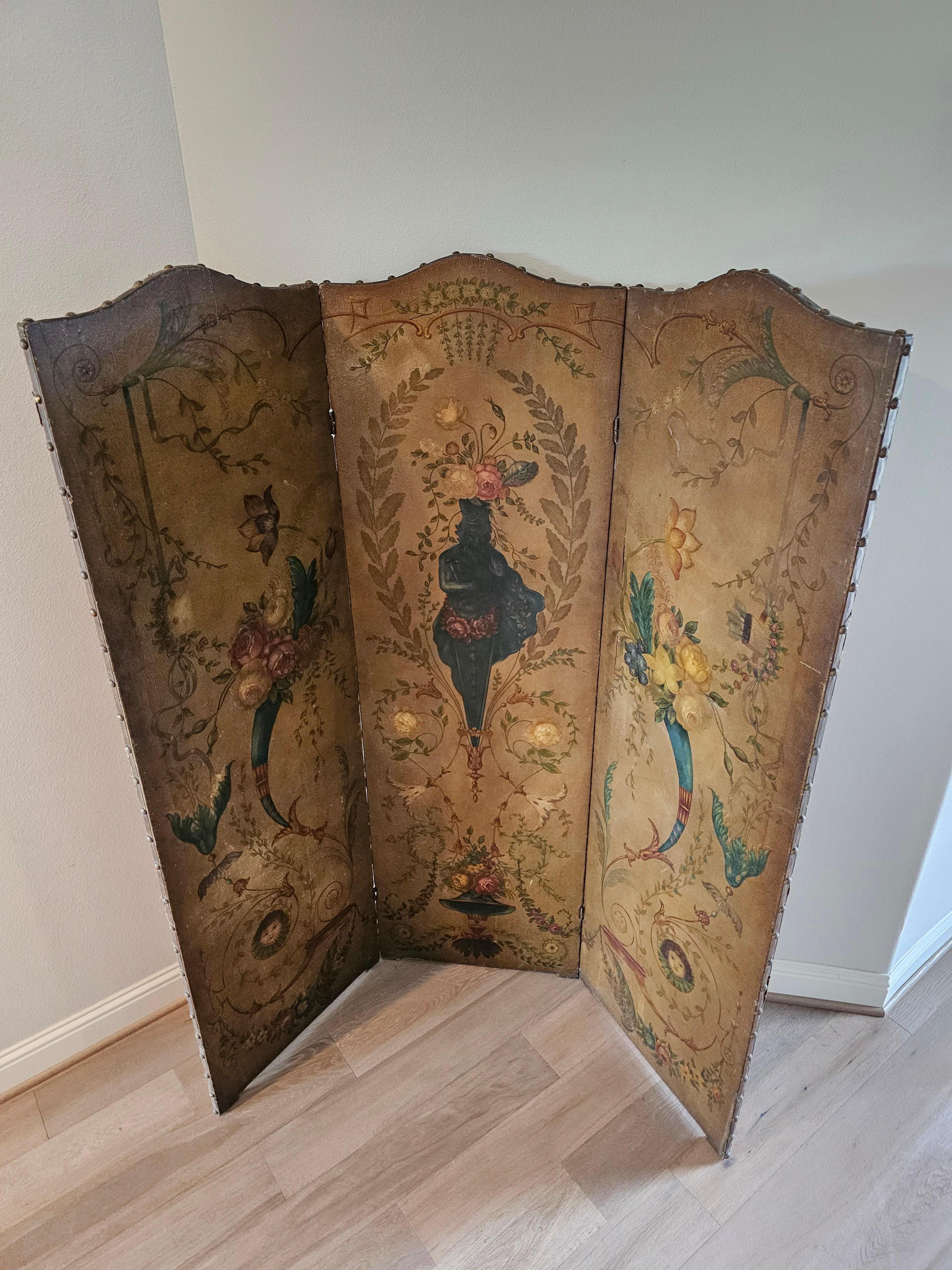 19th Century Italian Neoclassical Oil on Leather Three Panel Room Divider For Sale 2