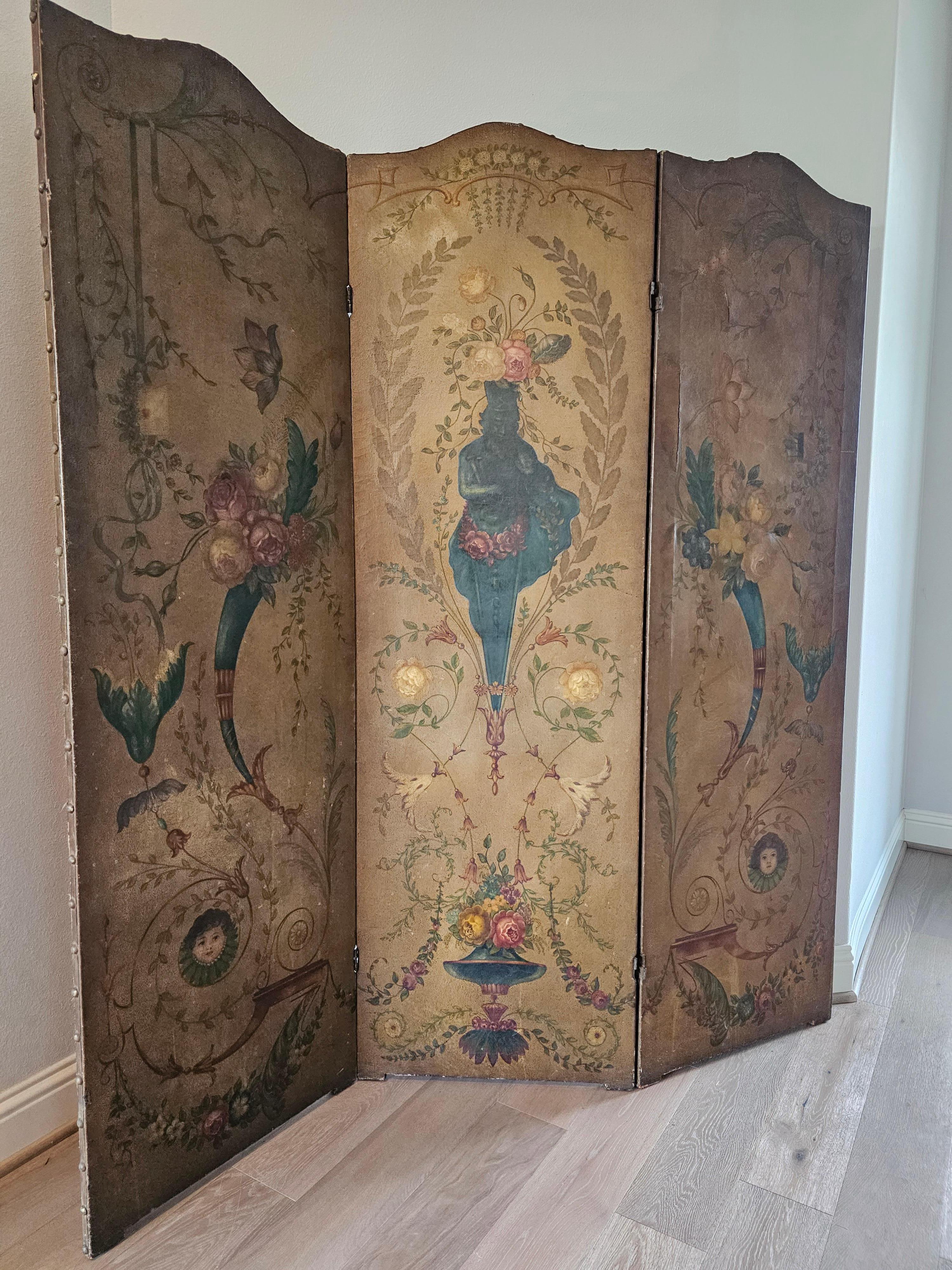 19th Century Italian Neoclassical Oil on Leather Three Panel Room Divider For Sale 3