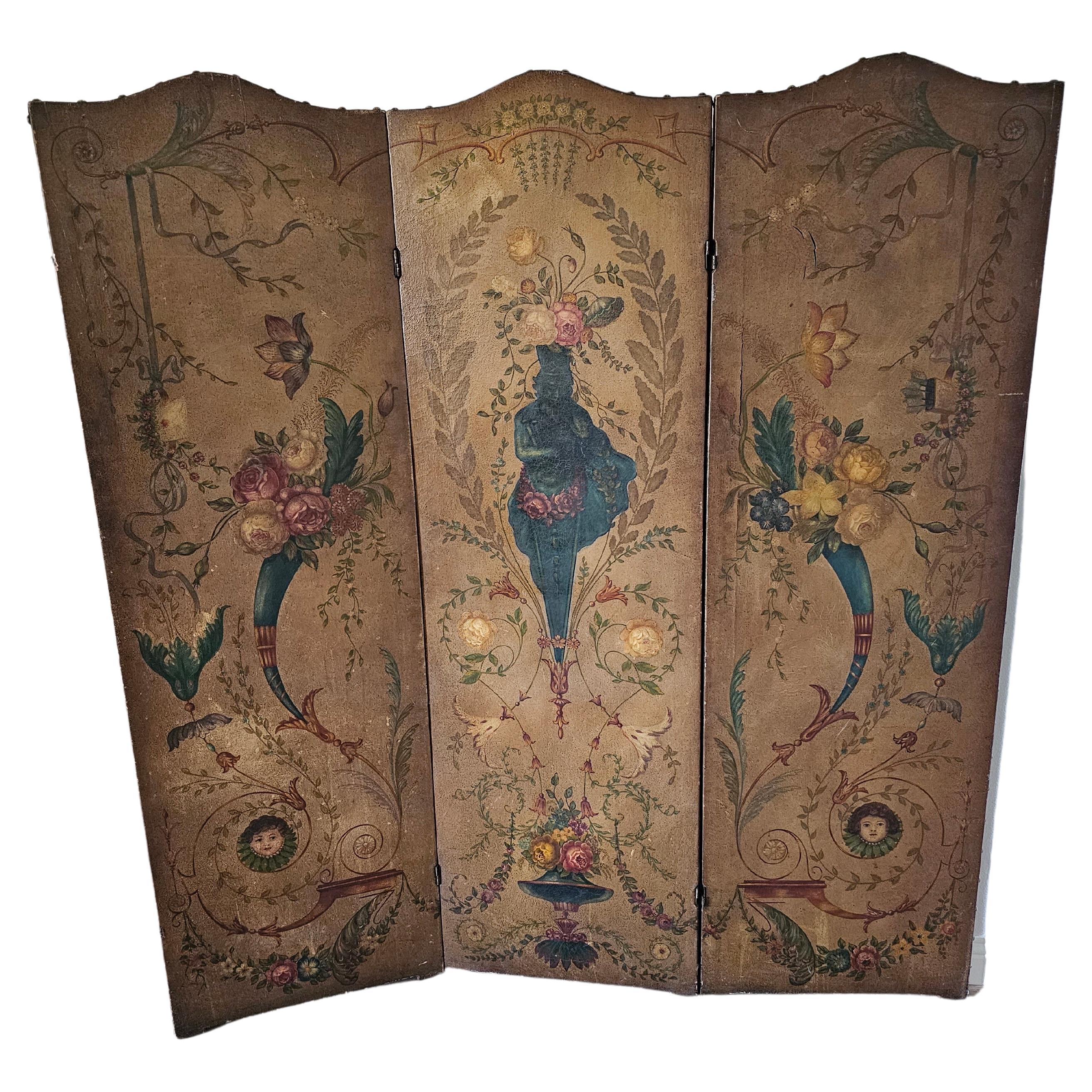 Italienischer neoklassizistischer Raumteiler aus dem 19. Jahrhundert, Öl auf Leder mit drei Tafeln