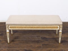 19th Century Italian Neoclassical Painted and Gilt Bench with New Upholstery