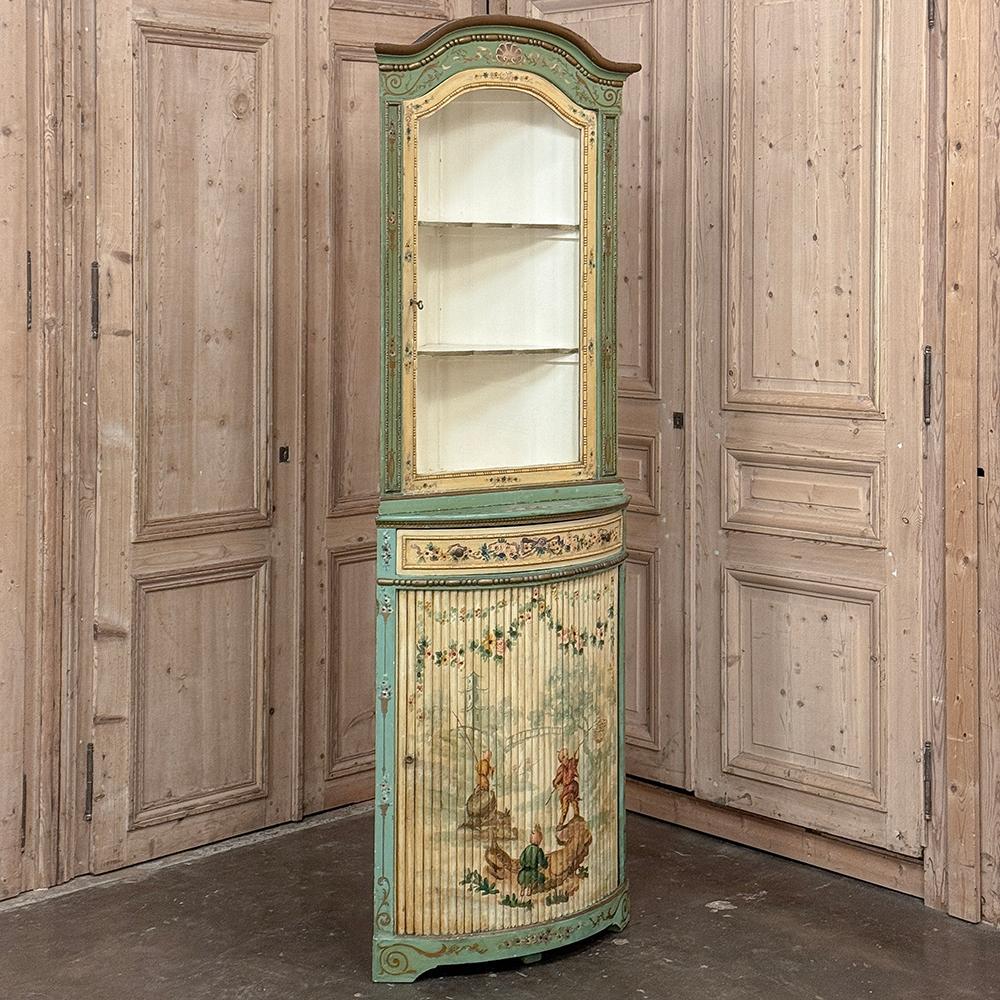 19th Century Italian Neoclassical Painted Corner Cabinet ~ Vitrine is a marvelous combination of artistic form & function!  The tailored, classically inspired architecture includes a triangular upper tier topped with a boldly arched crown and glazed