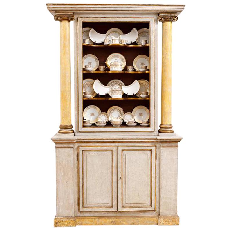 19th Century Italian Neoclassical Painted Display Cabinet w/ Faux Marble Columns For Sale