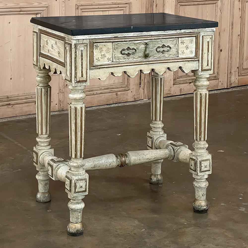 19th century Italian Neoclassical Painted Marble Top End Table is an impressive work of the cabinetmaker's art on a diminutive scale. Four legs consisting of tapered and reeded upper sections with contrasting highlights in gold against the patinaed