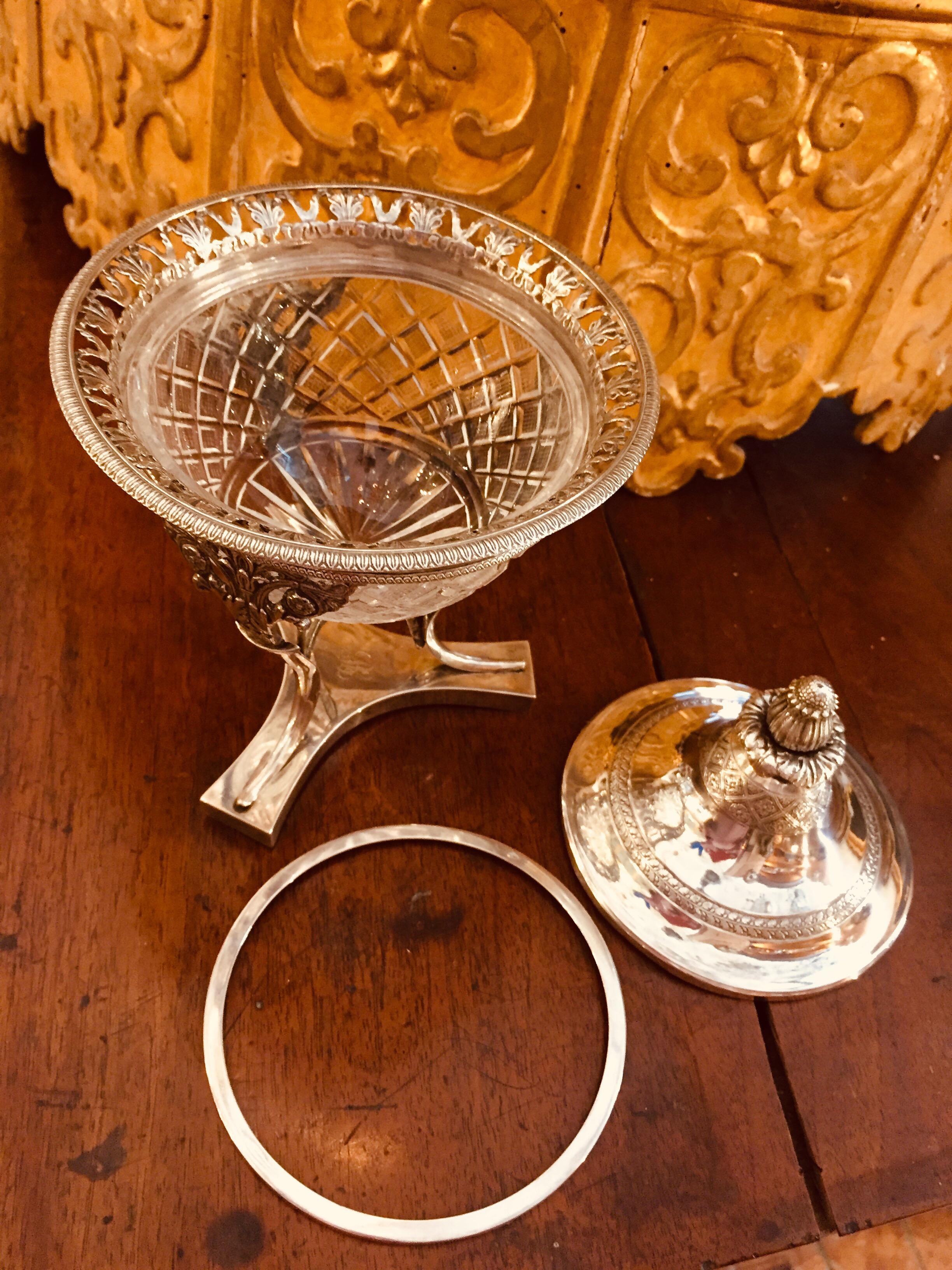 19th Century Italian Neoclassical Silver and Crystal Compote with Cover For Sale 9