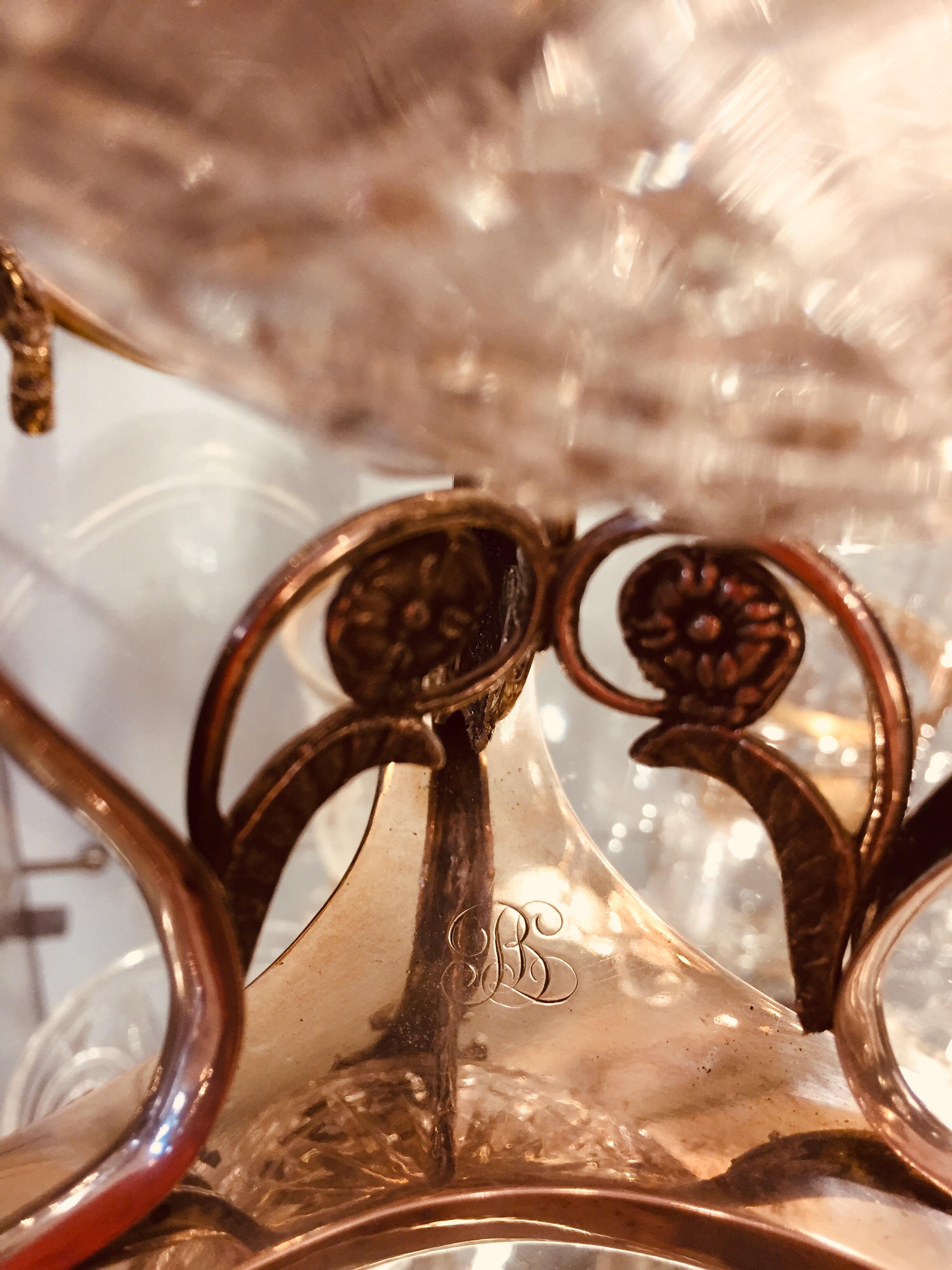 Compota Neoclásica Italiana de Plata y Cristal del Siglo XIX con Tapa en venta 9