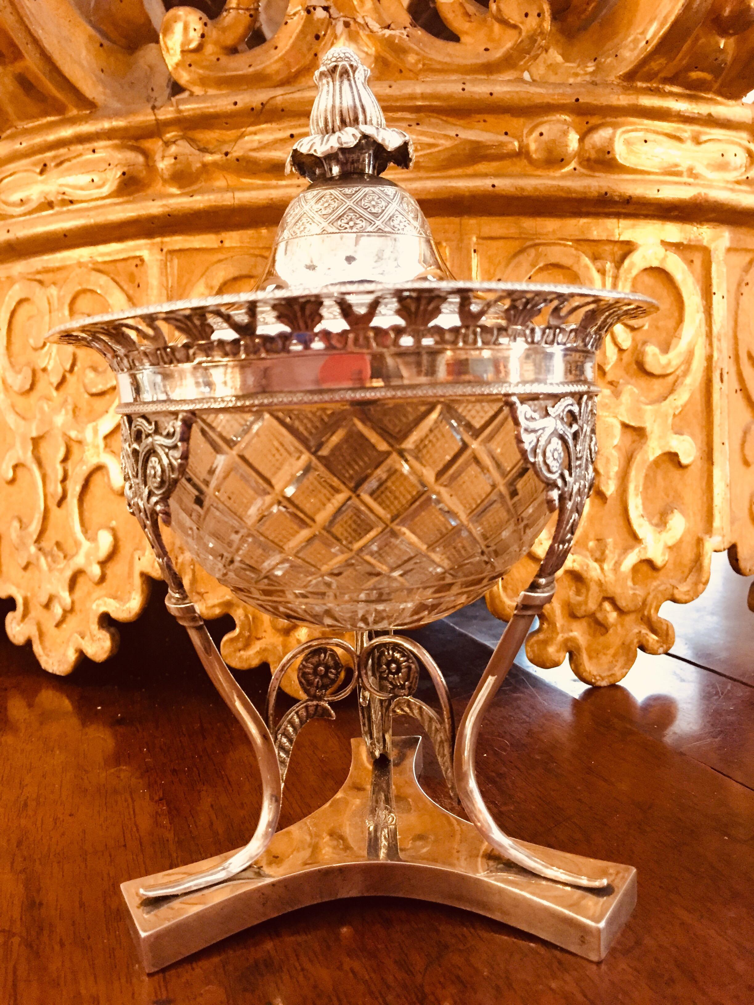 19th Century Italian Neoclassical Silver and Crystal Compote with Cover For Sale 13