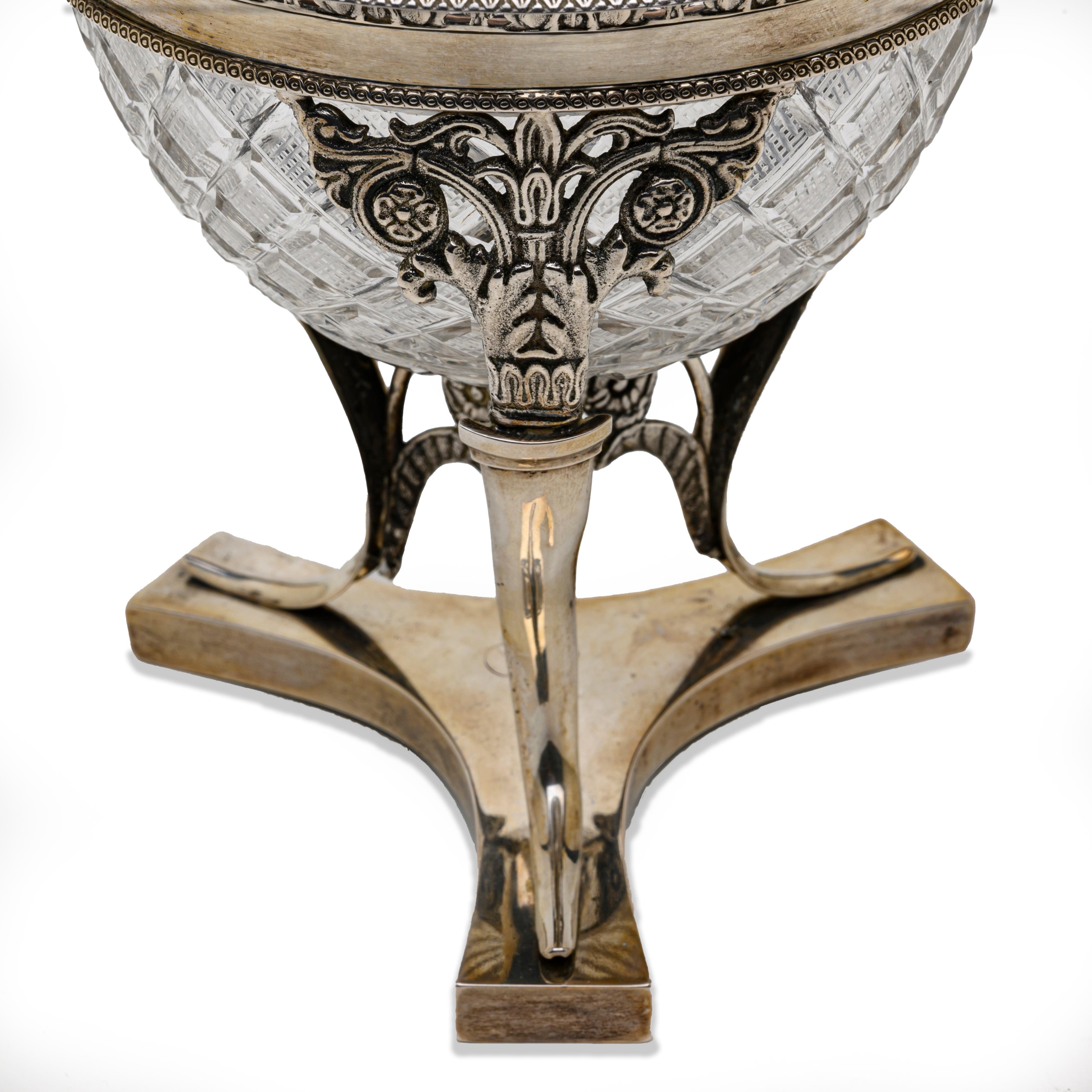 From Milan a 19th century Italian silver and crystal compote bowl in good condition from a private collection. This antique Neoclassical covered compote bowl has a very fine hand-chased vegetal decoration and engraving, a lovely cast engraved silver