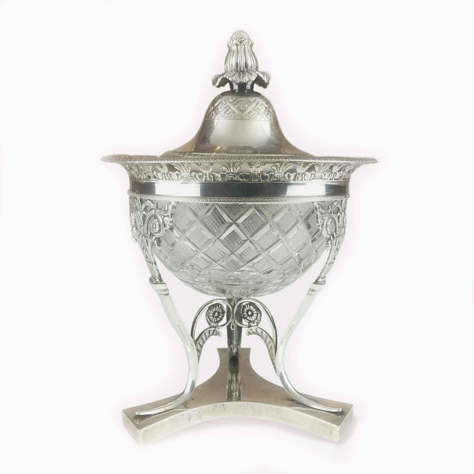 19th Century Italian Neoclassical Silver and Crystal Compote with Cover For Sale 3
