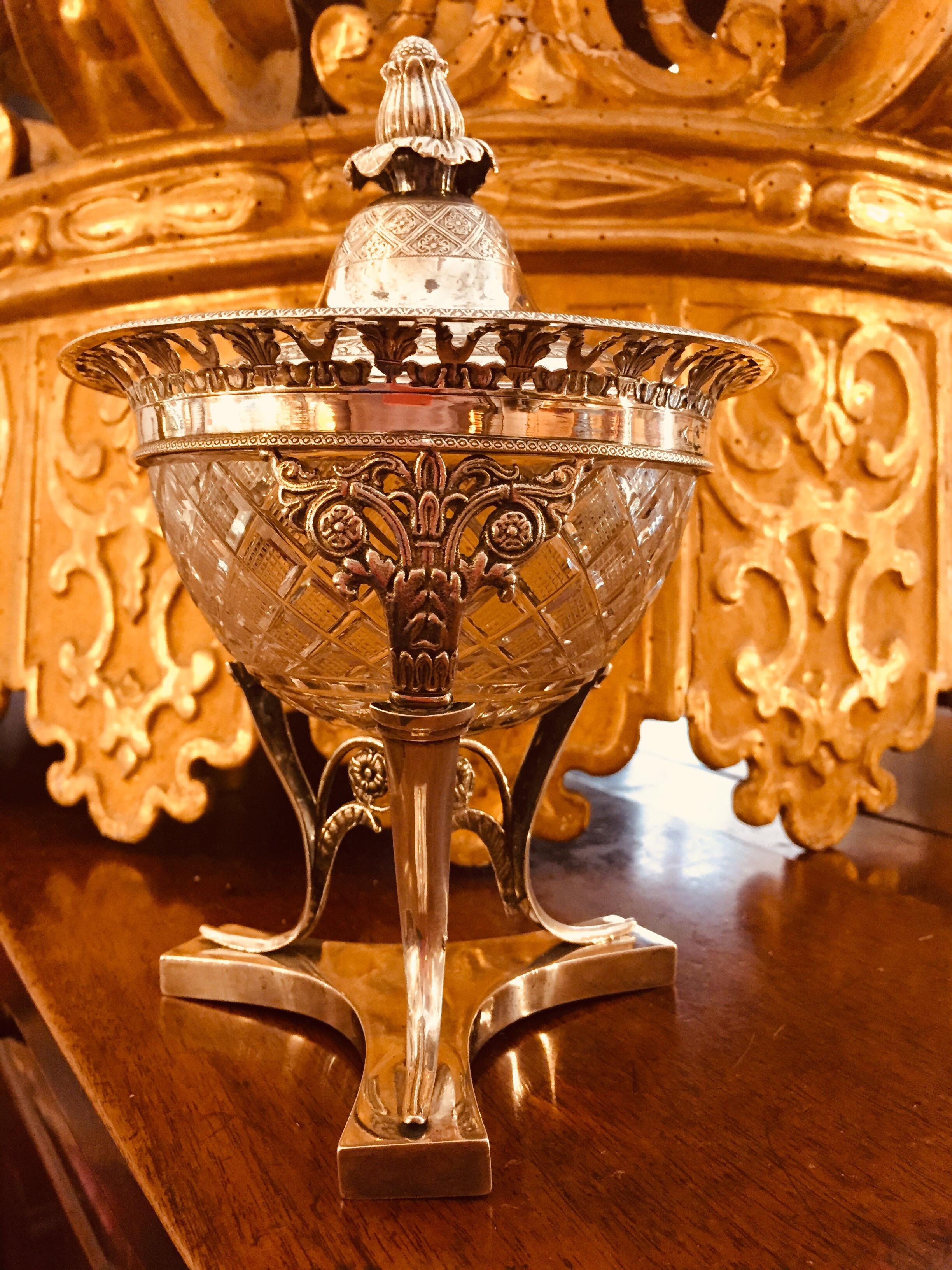 19th Century Italian Neoclassical Silver and Crystal Compote with Cover For Sale 4