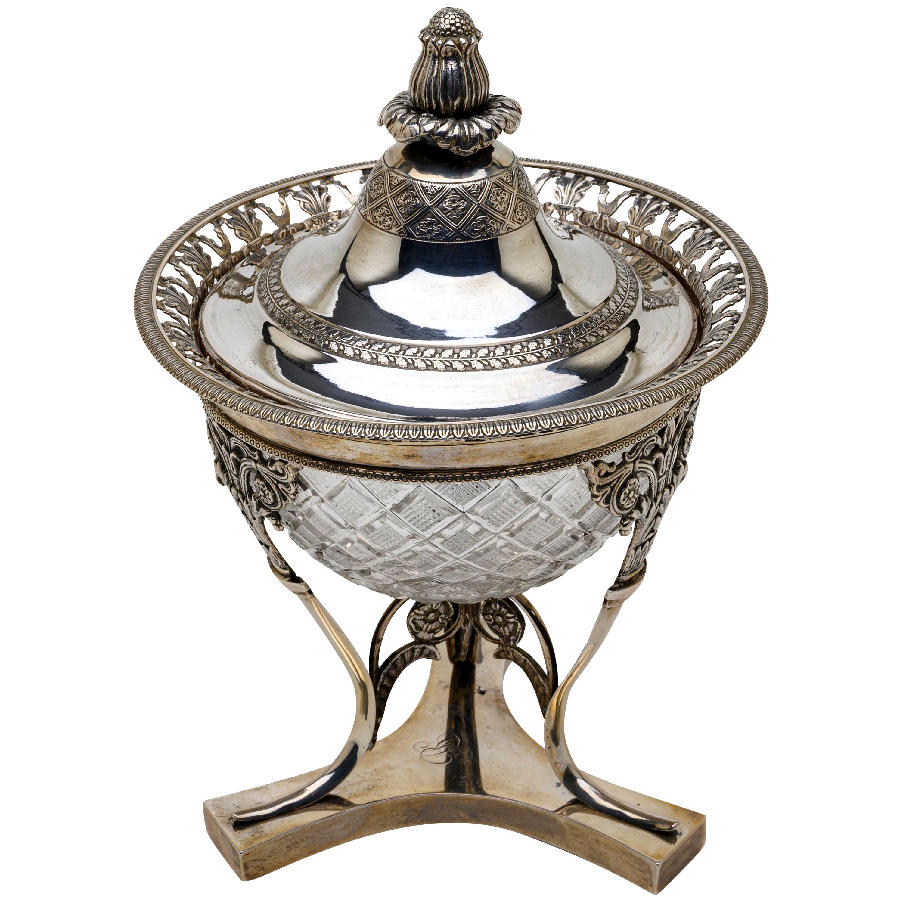 Italienische neoklassizistische Kompottschale aus Silber und Kristall mit Deckel aus dem 19. Jahrhundert