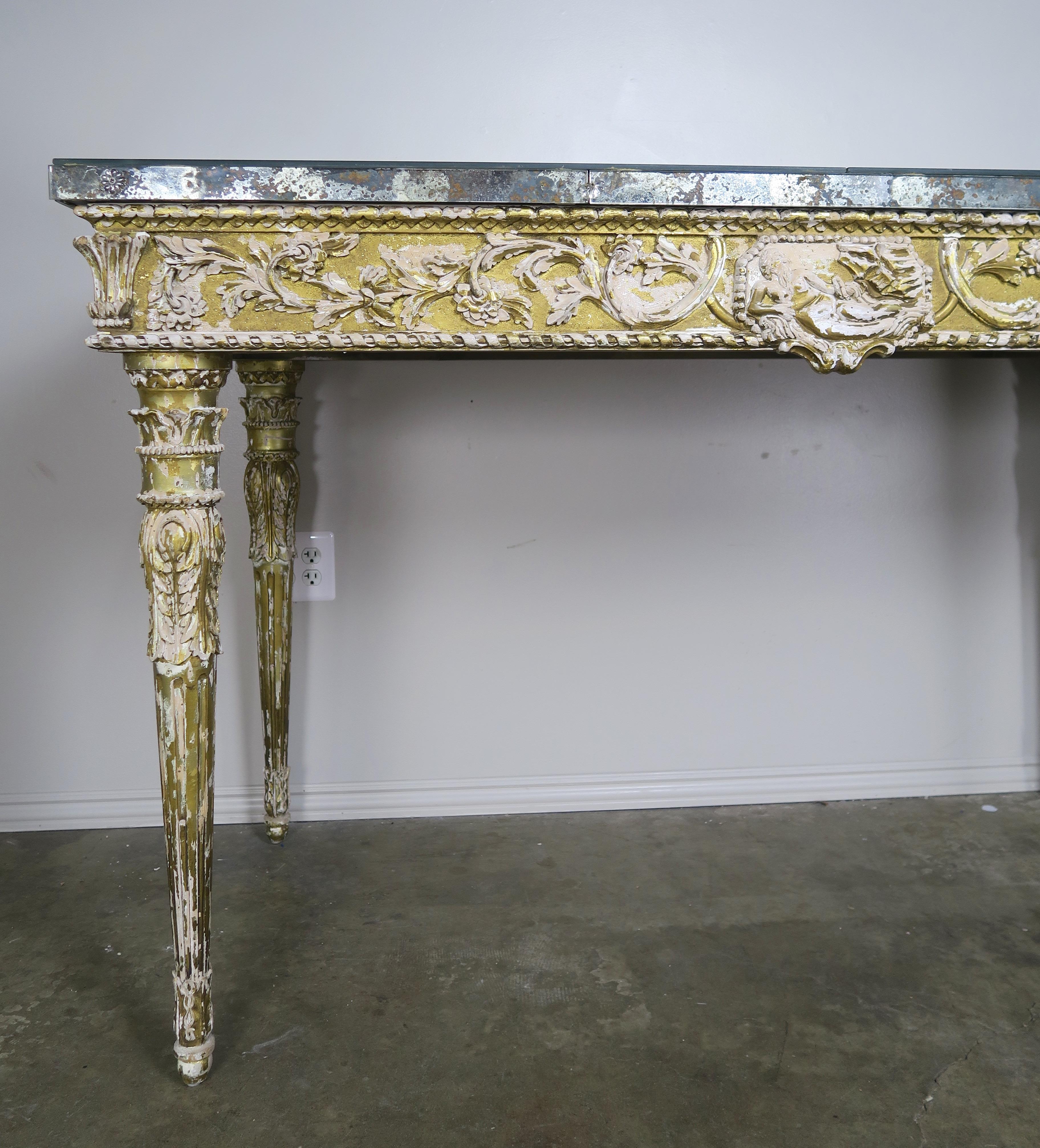 19th Century Italian Neoclassical Style Giltwood Console with Mirrored Top In Distressed Condition In Los Angeles, CA