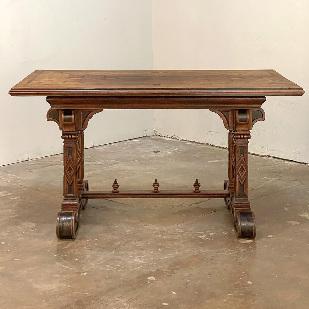 19th century Italian Neogothic Inlaid Library Table ~ Center table is an unusual example of fine craftsmanship specifically prepared for an affluent market! Only aristocratic types could afford the education, books and home with a library, and