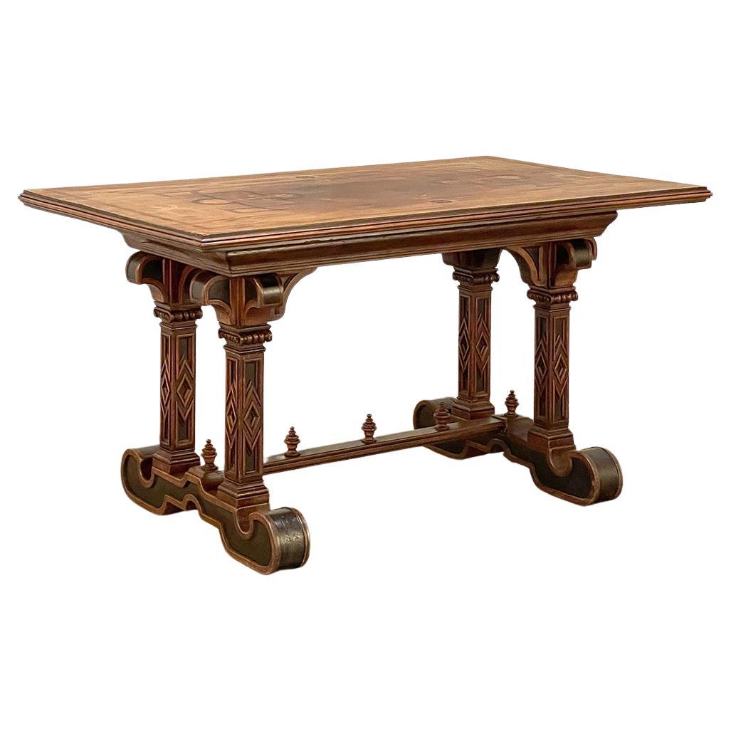 Table de bibliothèque italienne incrustée néogothique du 19ème siècle ~ Table centrale