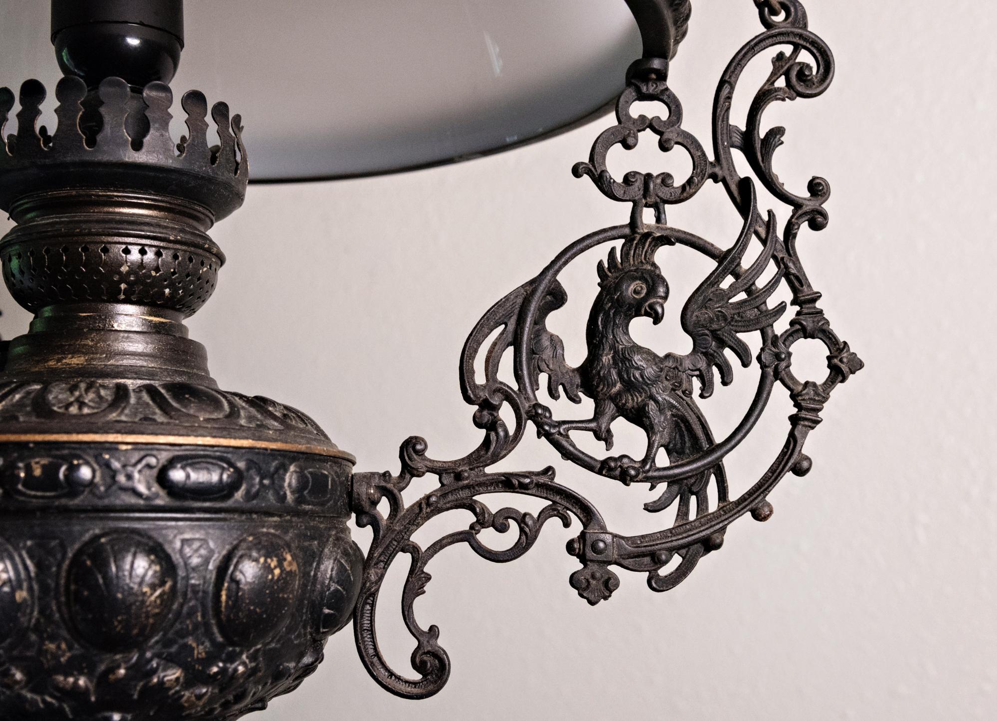 Early 19th century Italian gas lamp chandelier with intricate pappagallo design. 
   