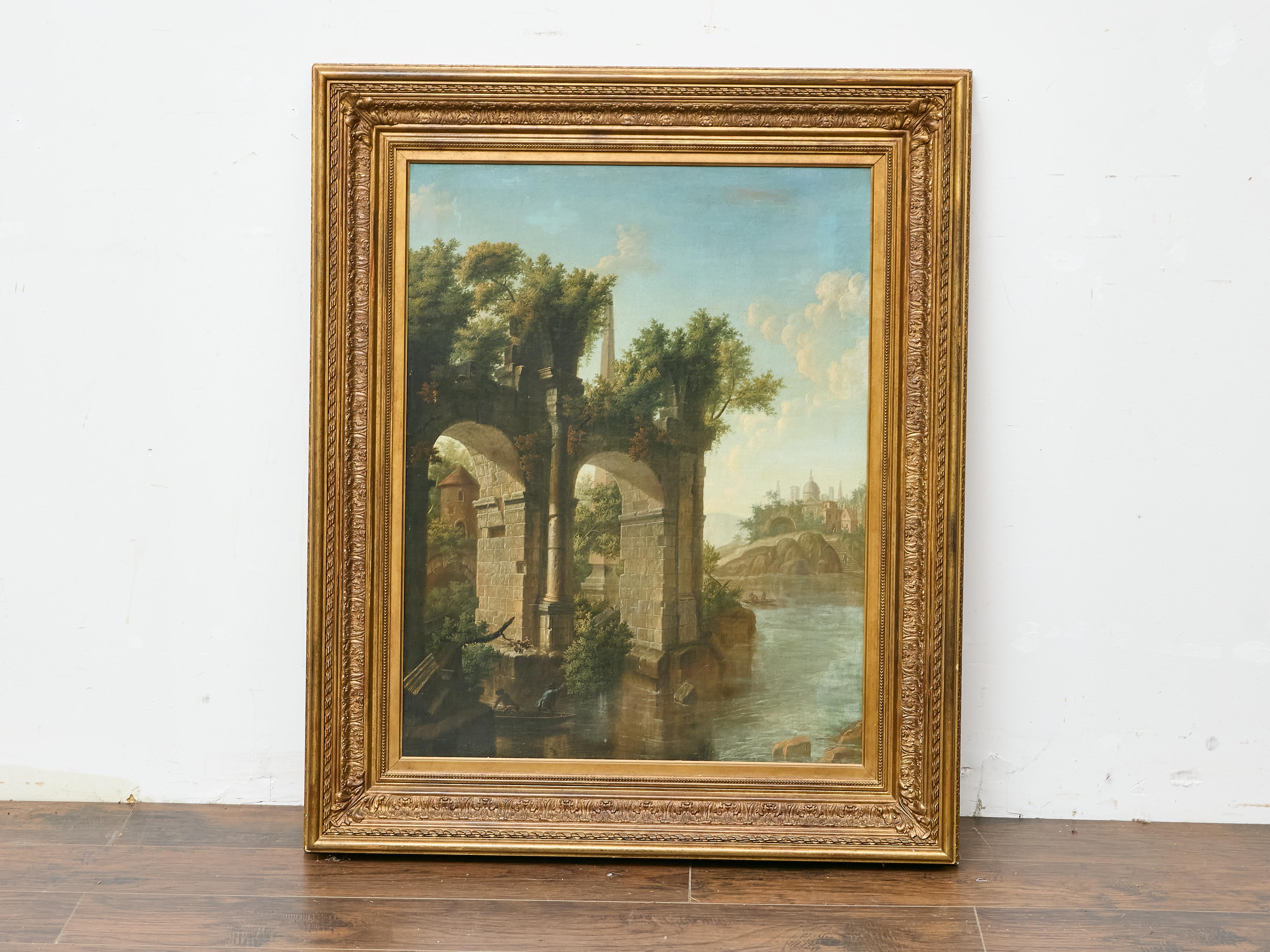 This evocative 19th-century Italian oil on canvas transports viewers to a timeless riverside vista where nature and antiquity entwine. Dominating the foreground is a weathered Roman-style arch bridge, its stone piers creeping with ivy and framed by