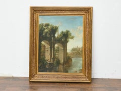 19th-Century Italian Oil on Canvas Classical Landscape with Arch Bridge Ruin