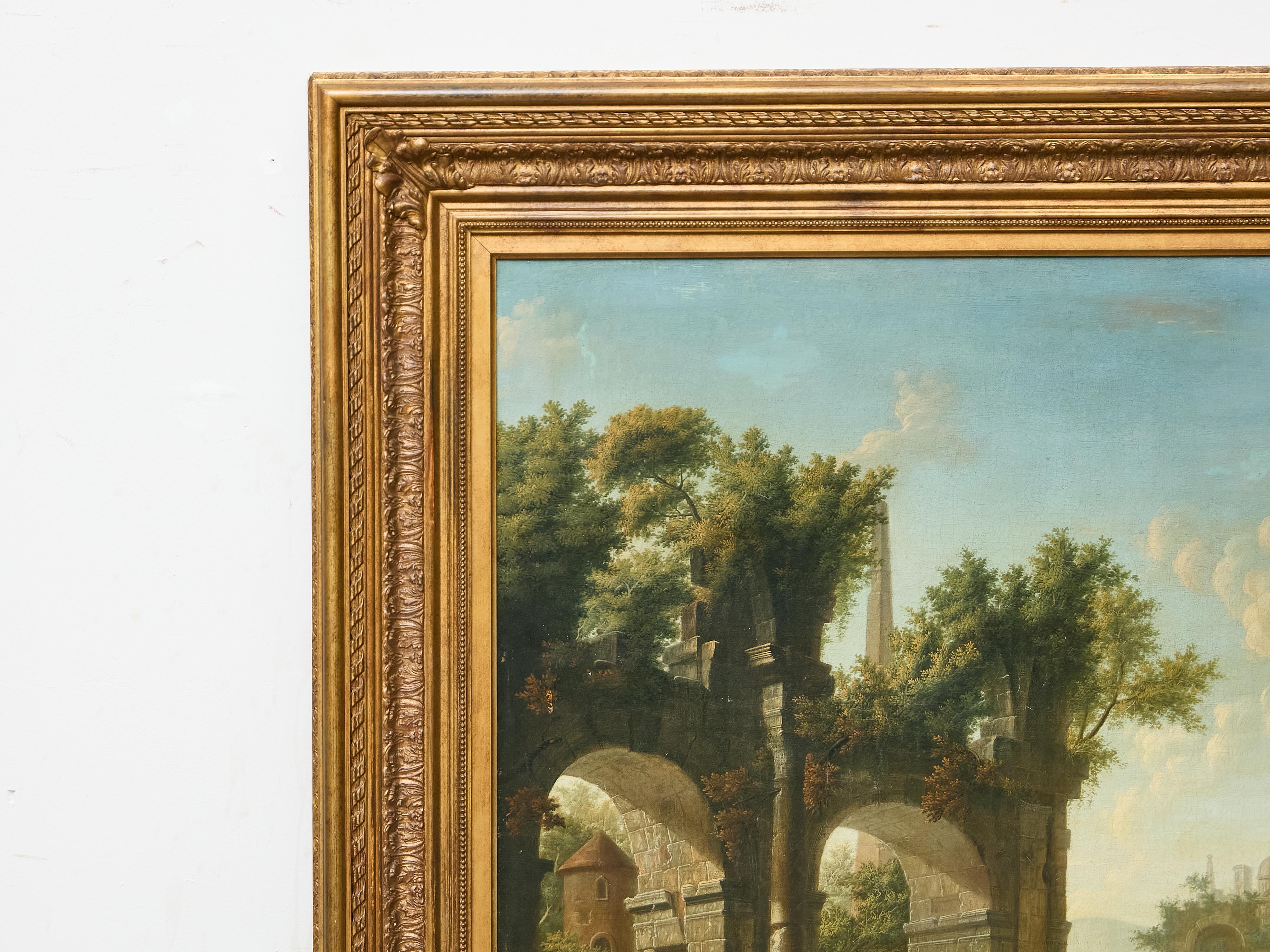 Hand-Painted 19th-Century Italian Oil on Canvas Classical Landscape with Arch Bridge Ruin For Sale