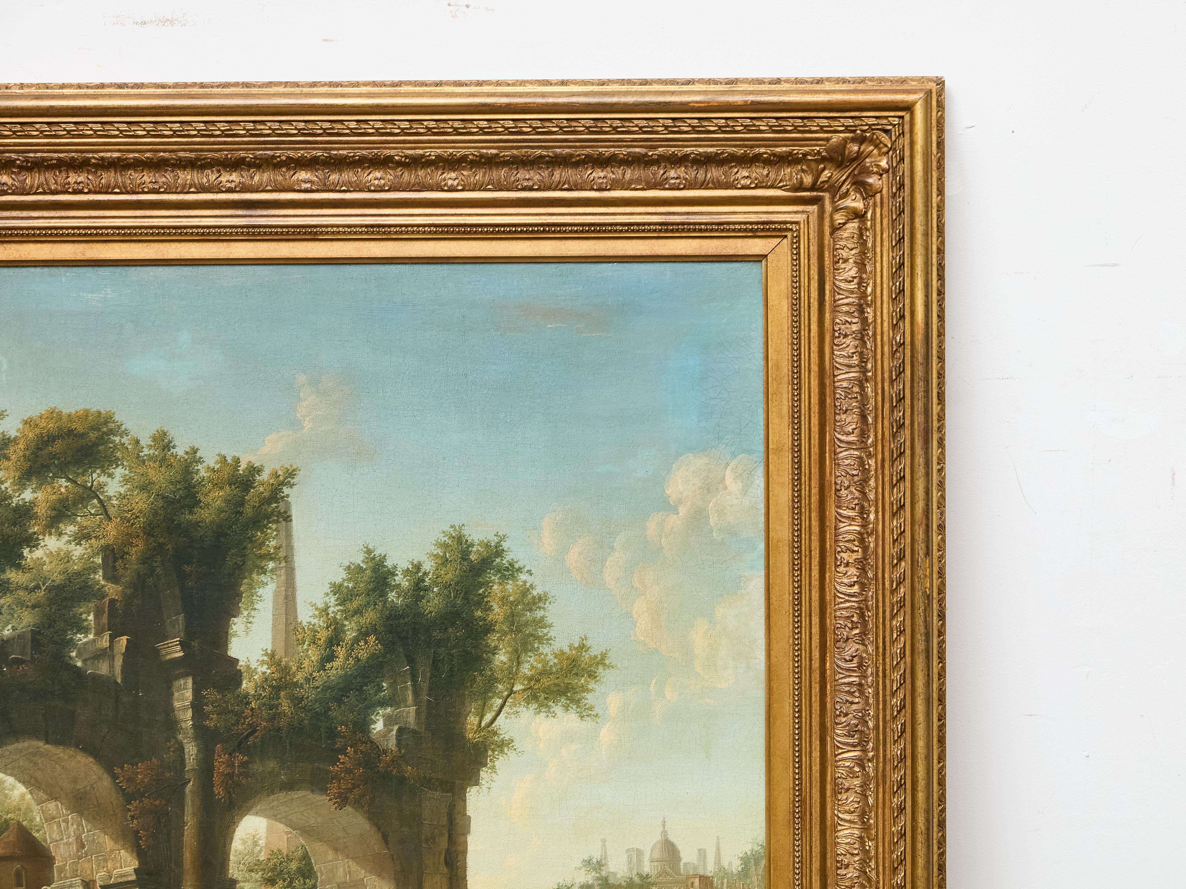 19th-Century Italian Oil on Canvas Classical Landscape with Arch Bridge Ruin In Good Condition For Sale In Atlanta, GA
