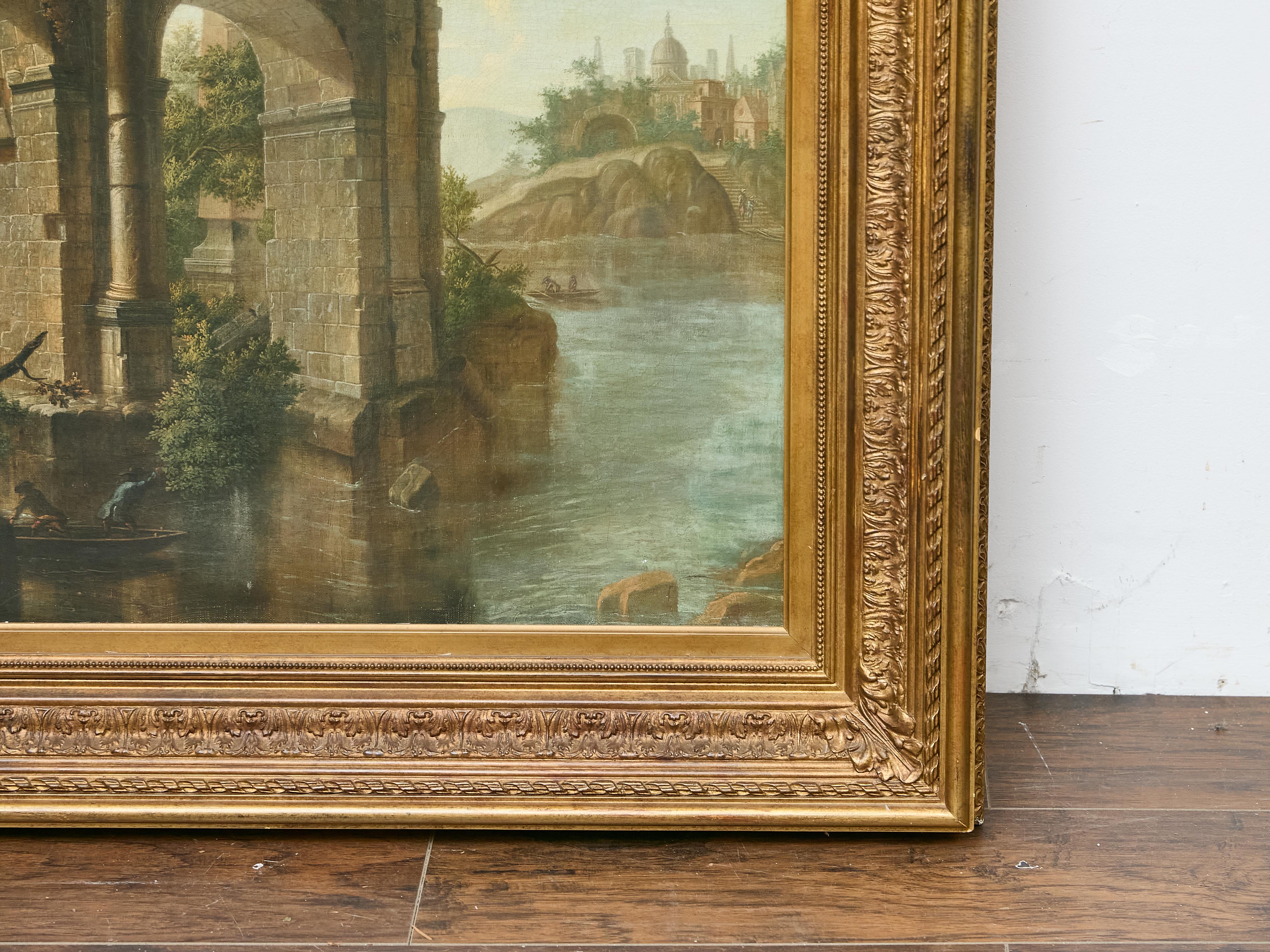 19th Century 19th-Century Italian Oil on Canvas Classical Landscape with Arch Bridge Ruin For Sale