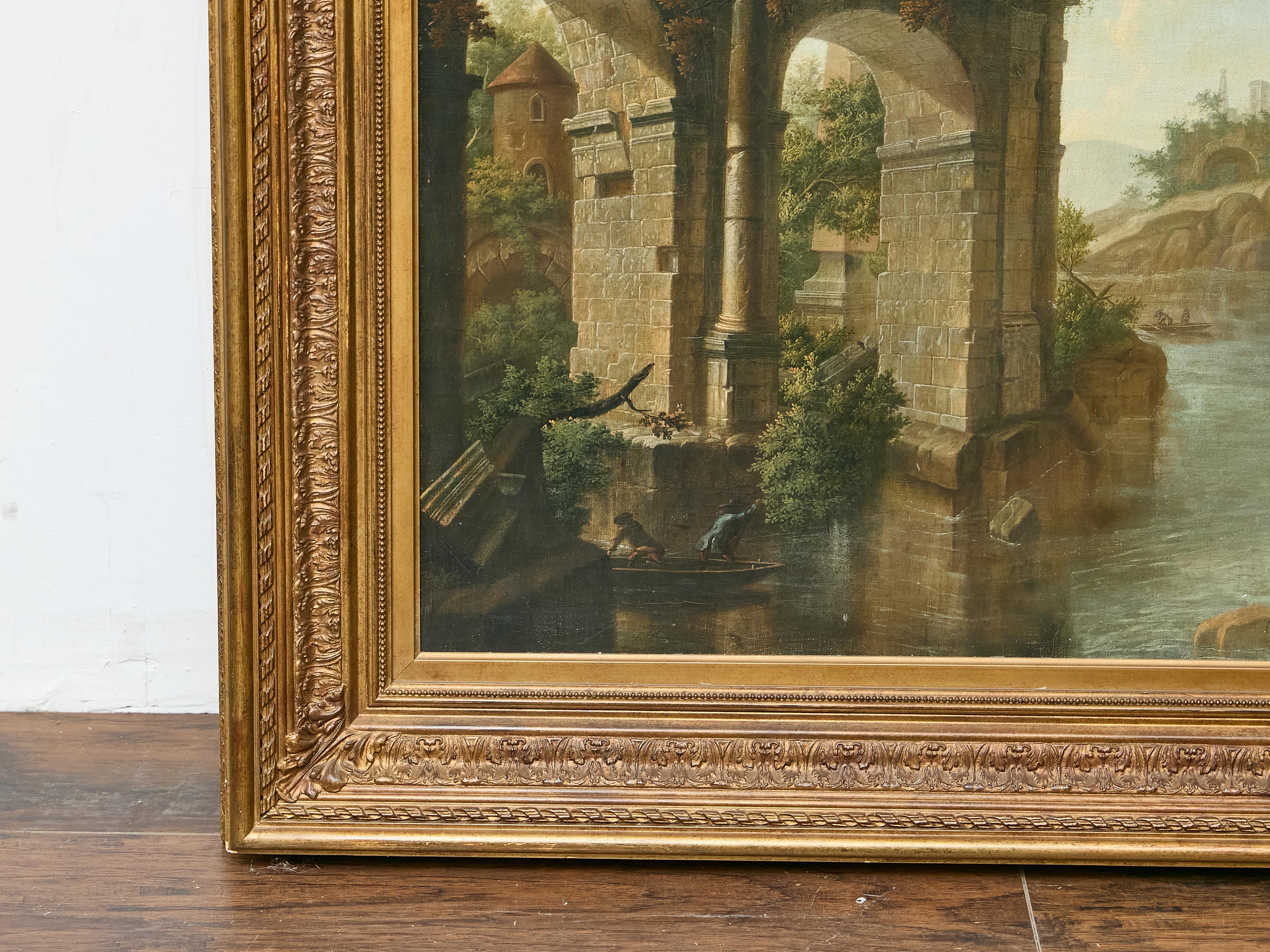 19th-Century Italian Oil on Canvas Classical Landscape with Arch Bridge Ruin For Sale 1