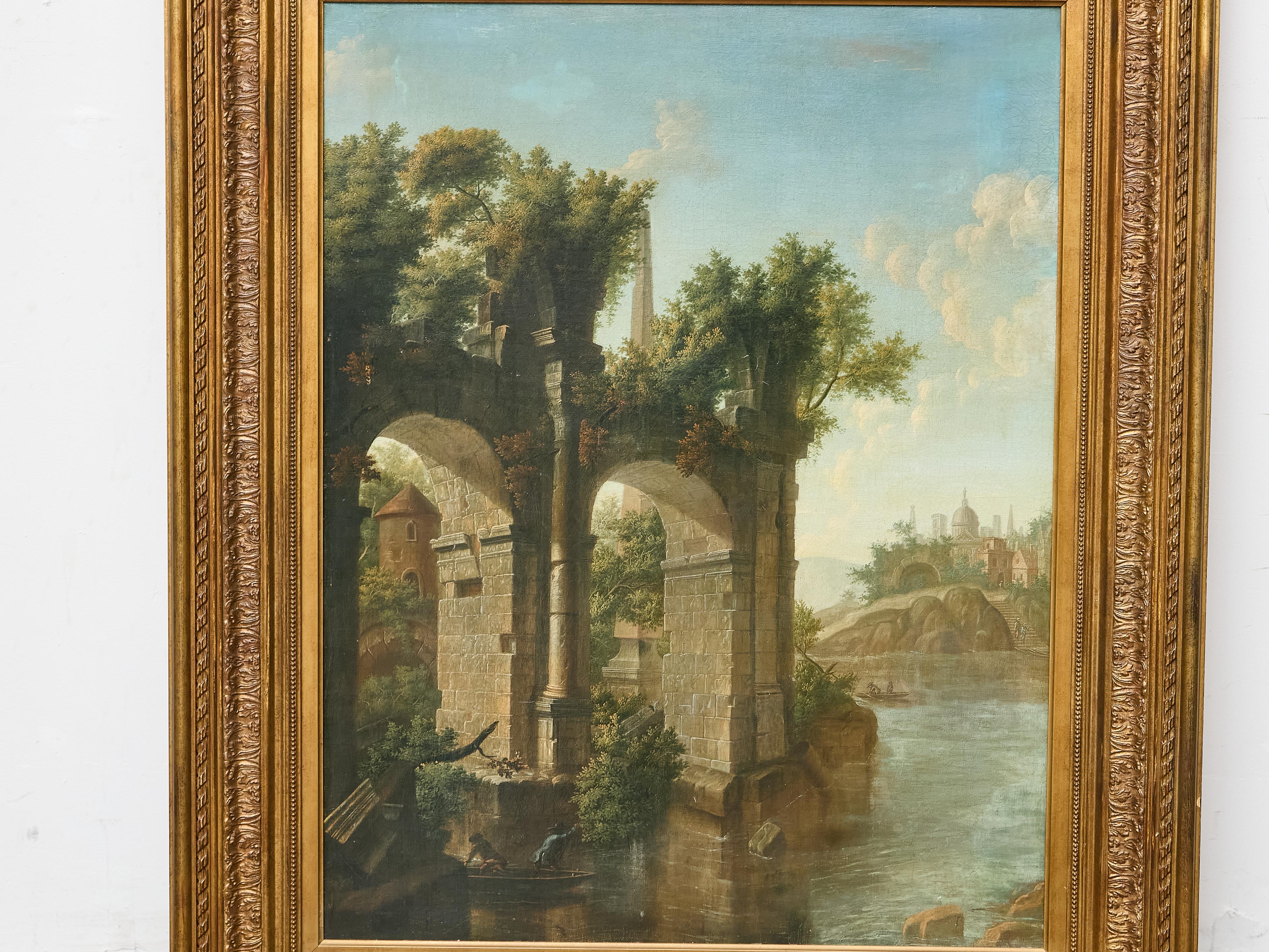 19th-Century Italian Oil on Canvas Classical Landscape with Arch Bridge Ruin For Sale 2