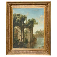19th-Century Italian Oil on Canvas Classical Landscape with Arch Bridge Ruin