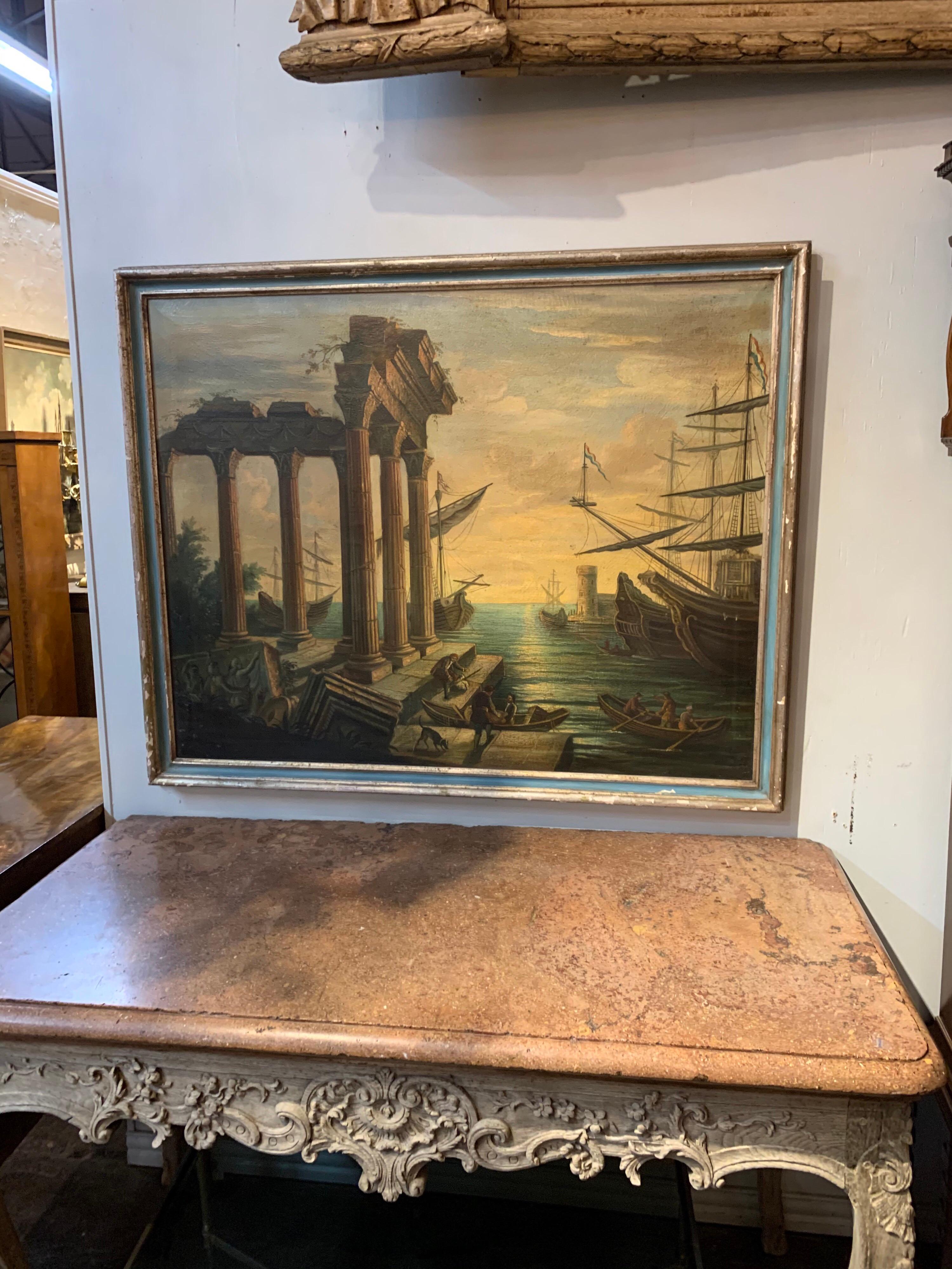 Beautiful 19th century Italian oil painting on canvas. This piece depicts a harbor scene, along with some Roman columns. An interesting painting with a lot of depth.