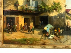 19th Century, Italian Oil on Canvas, Market at Giaveno Tower by Carlo Piacenza