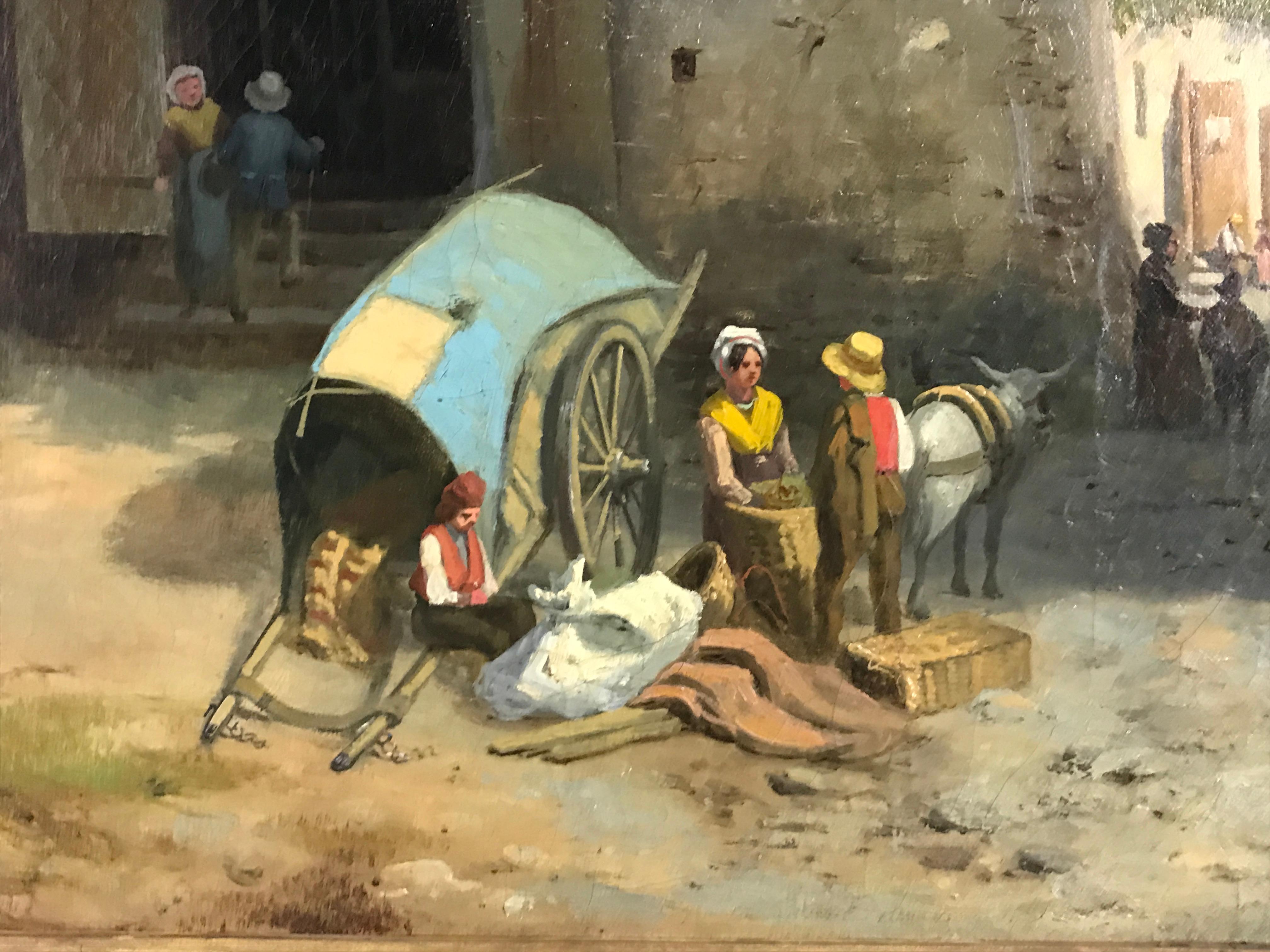 Romantic 19th Century, Italian Oil on Canvas, Market at Giaveno Tower by Carlo Piacenza For Sale