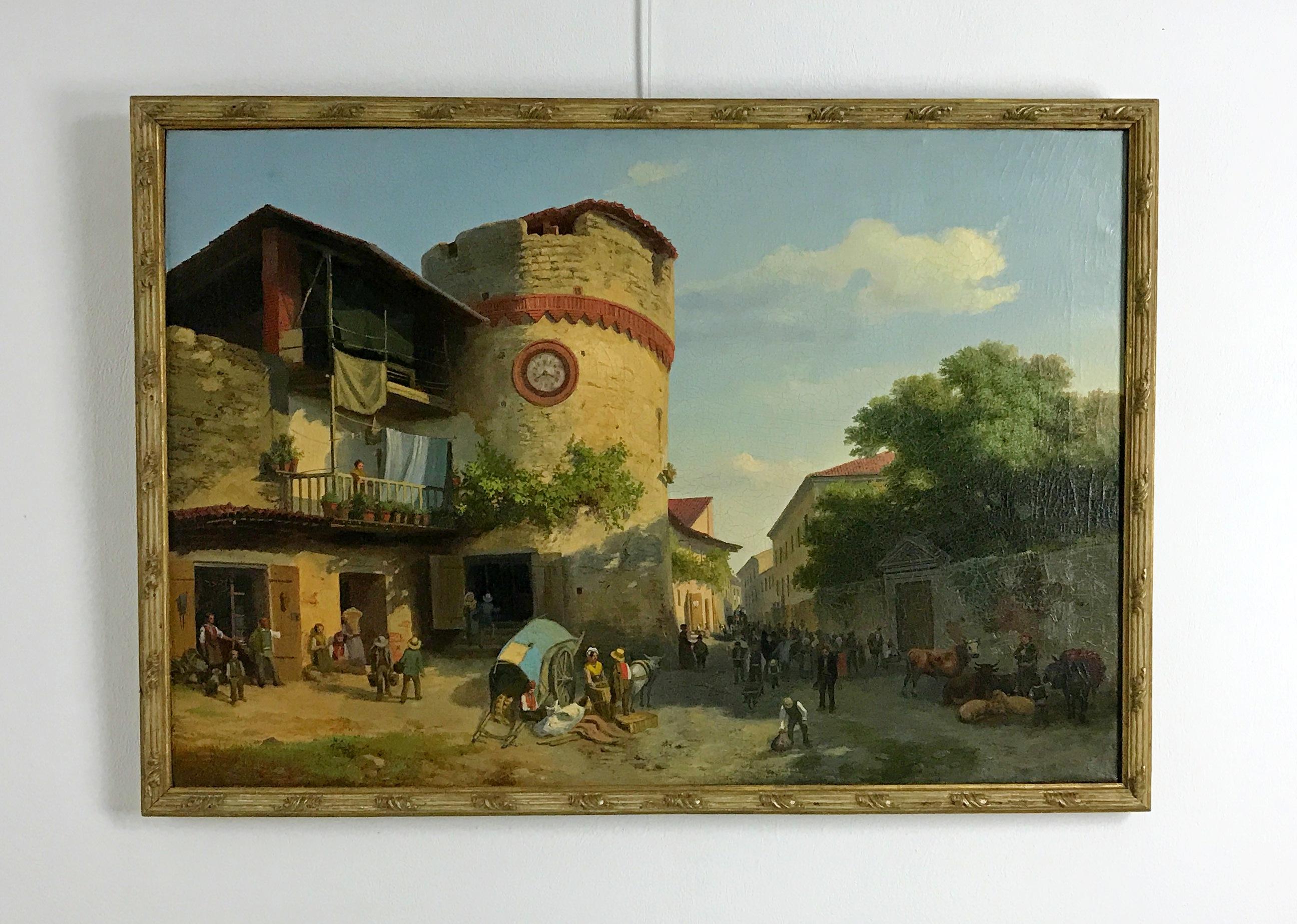 19th Century, Italian Oil on Canvas, Market at Giaveno Tower by Carlo Piacenza For Sale 1