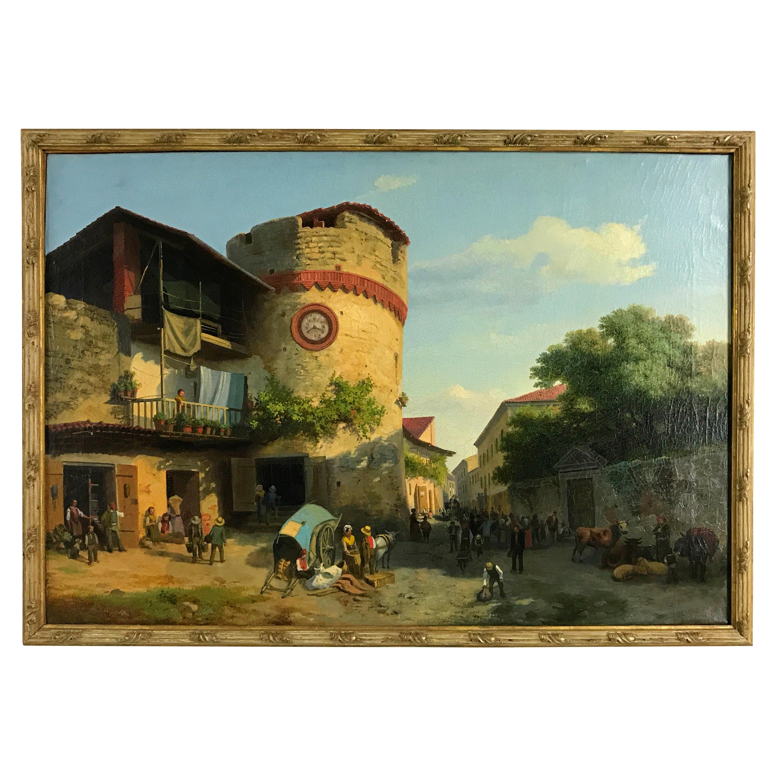 19th Century, Italian Oil on Canvas, Market at Giaveno Tower by Carlo Piacenza For Sale