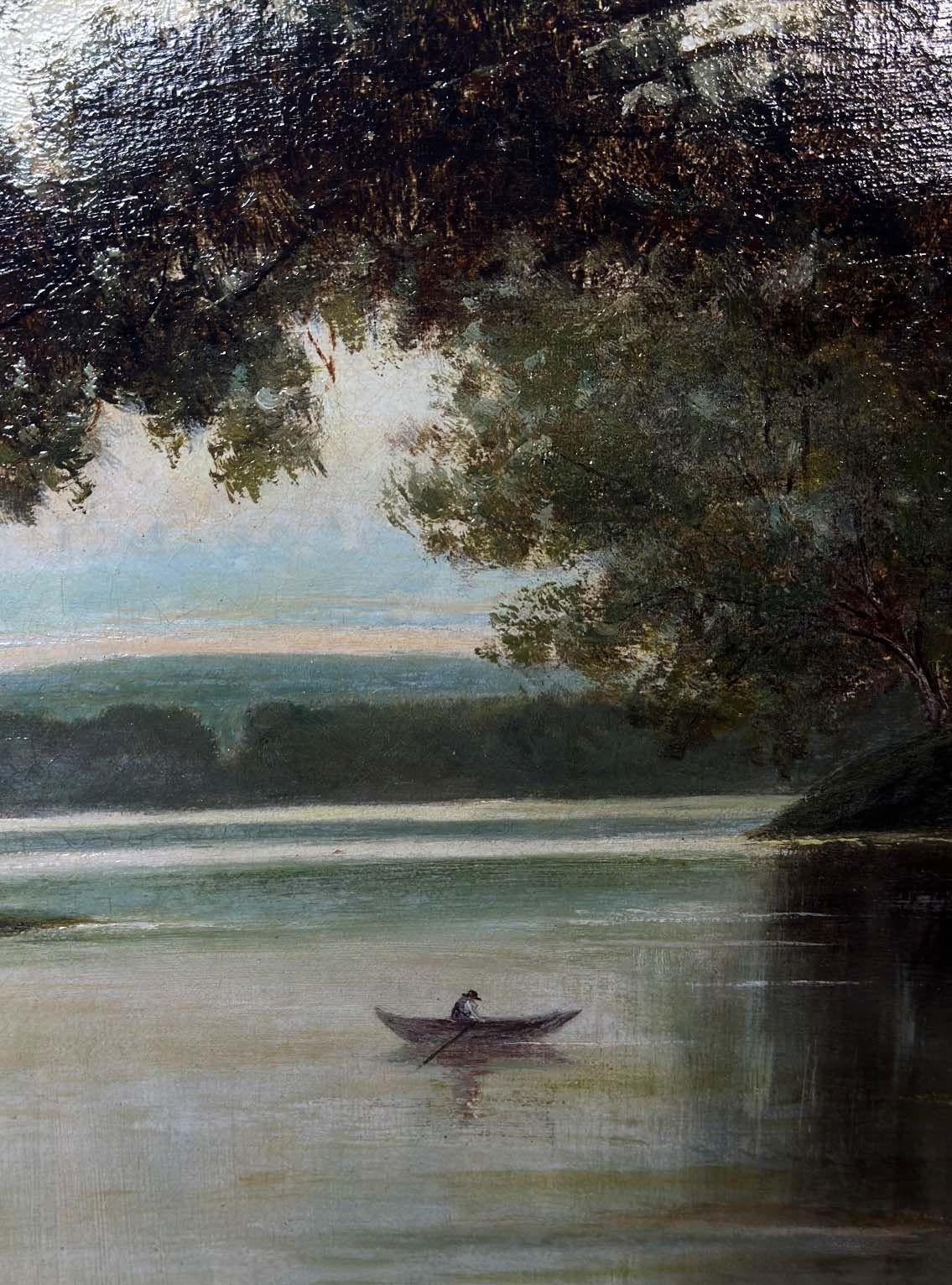 Toile Huile sur toile italienne du 19ème siècle représentant une vue de lac en vente