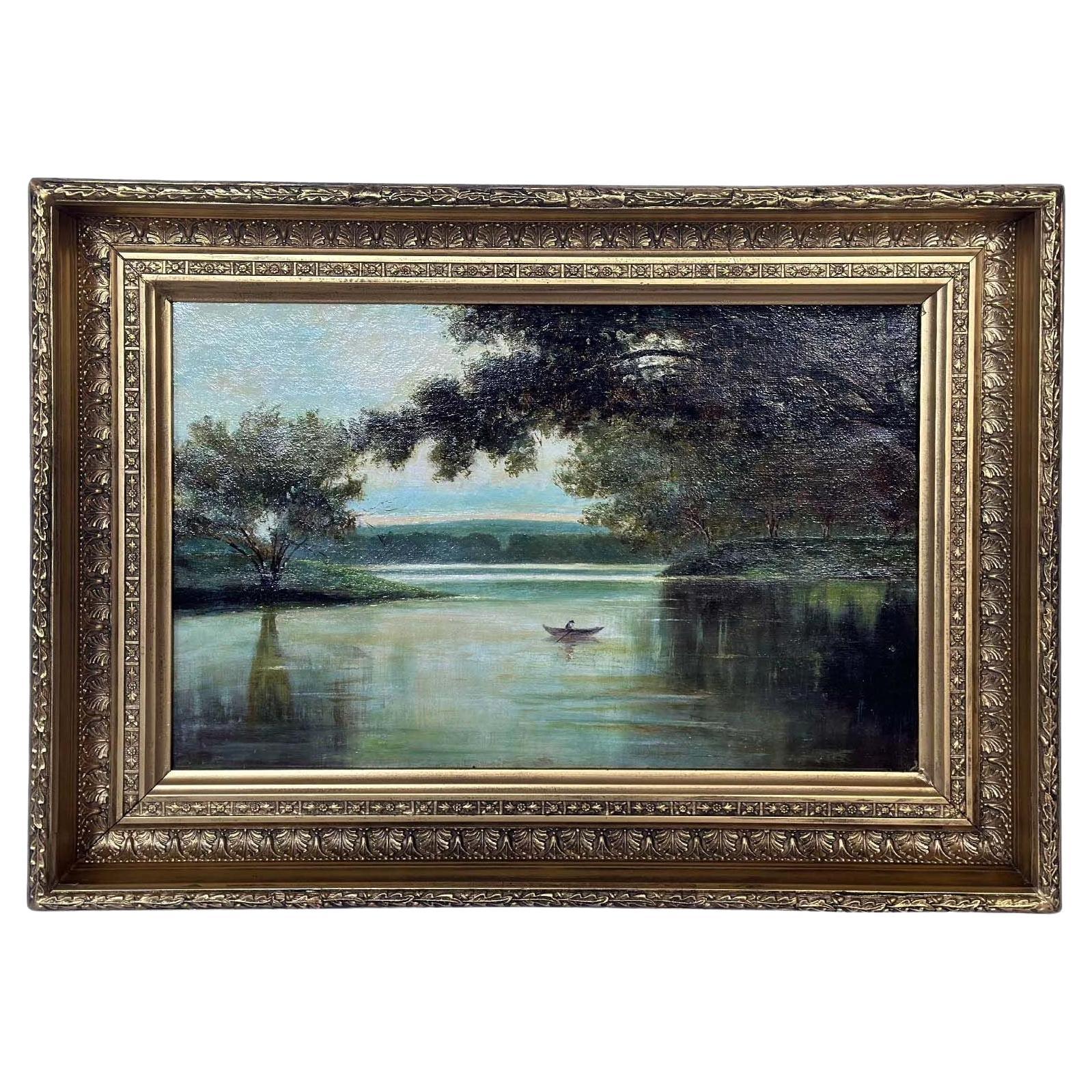 Huile sur toile italienne du 19ème siècle représentant une vue de lac
